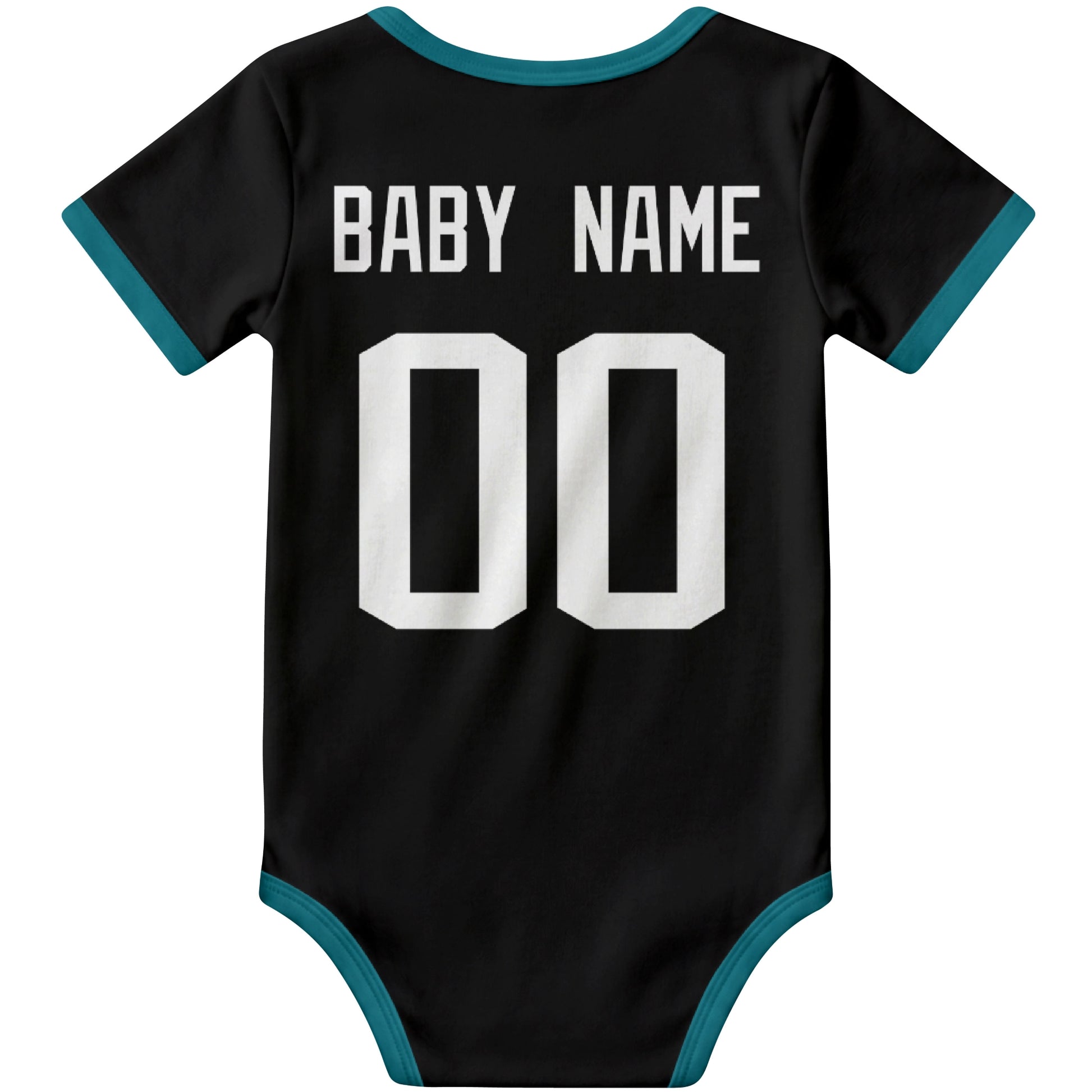 Jacksonville Black personalized football baby bodysuit back view with custom baby name and jersey number