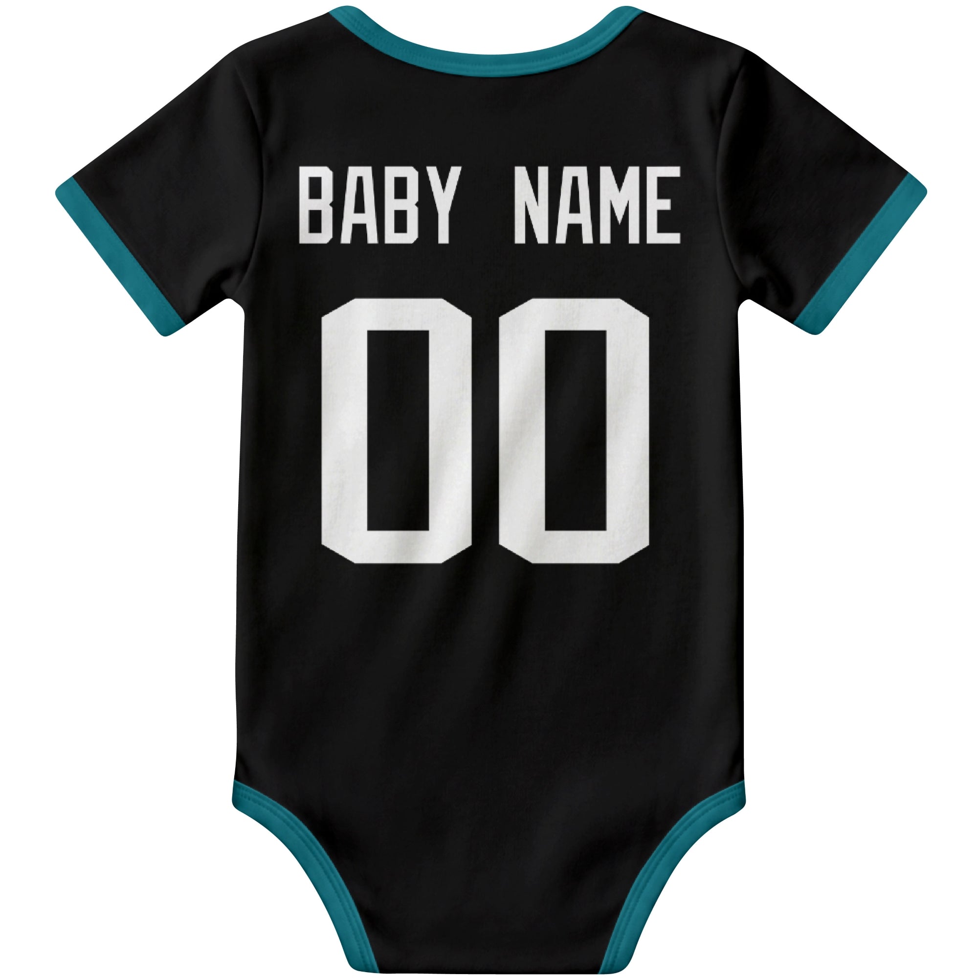 Jacksonville Black personalized football baby bodysuit back view with custom baby name and jersey number