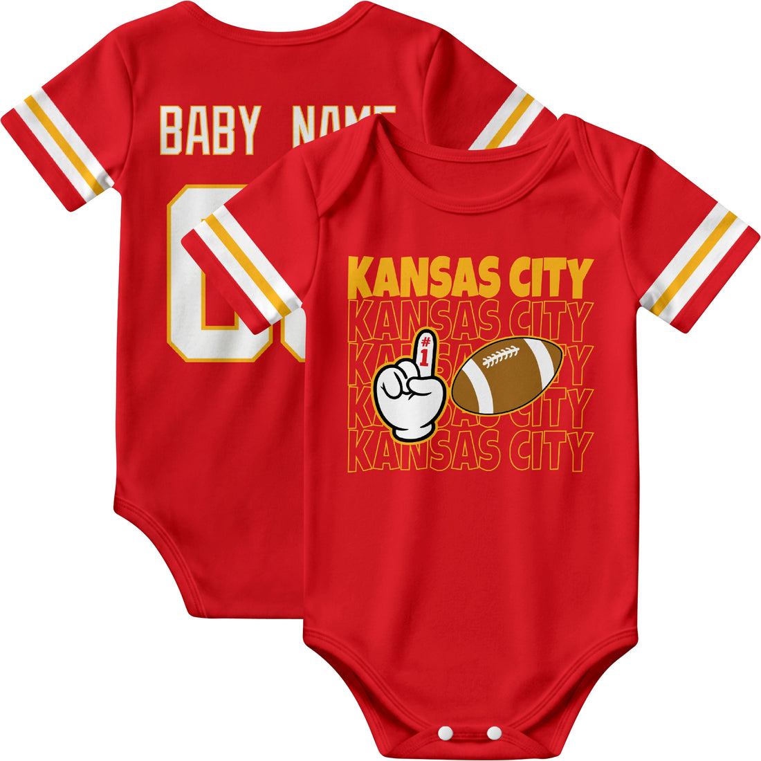 Kansas personalized football baby bodysuit in Red showing front number one fan design and back custom baby name and number