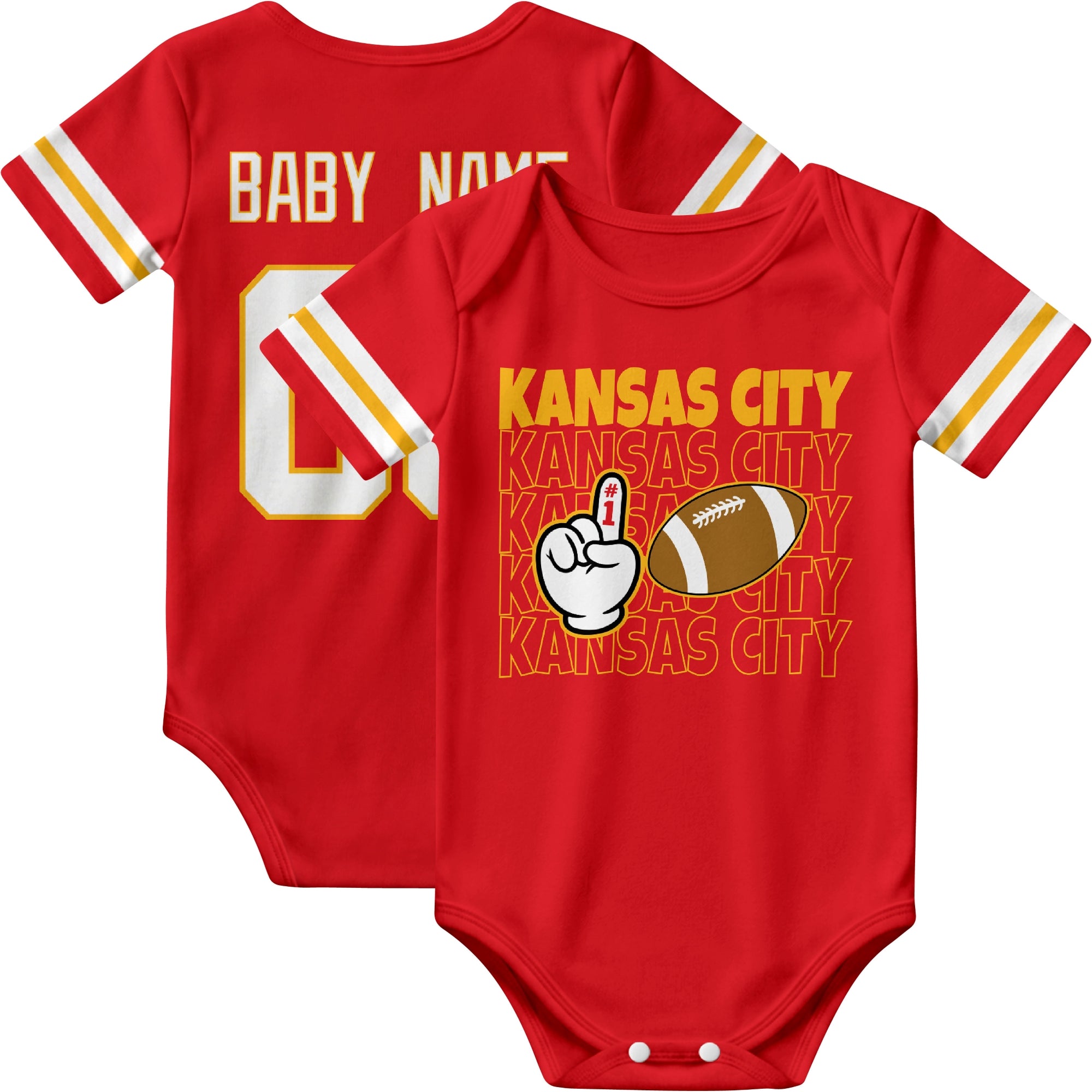 Kansas personalized football baby bodysuit in Red showing front number one fan design and back custom baby name and number