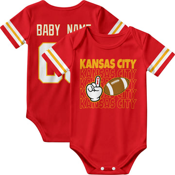 Kansas personalized football baby bodysuit in Red showing front number one fan design and back custom baby name and number
