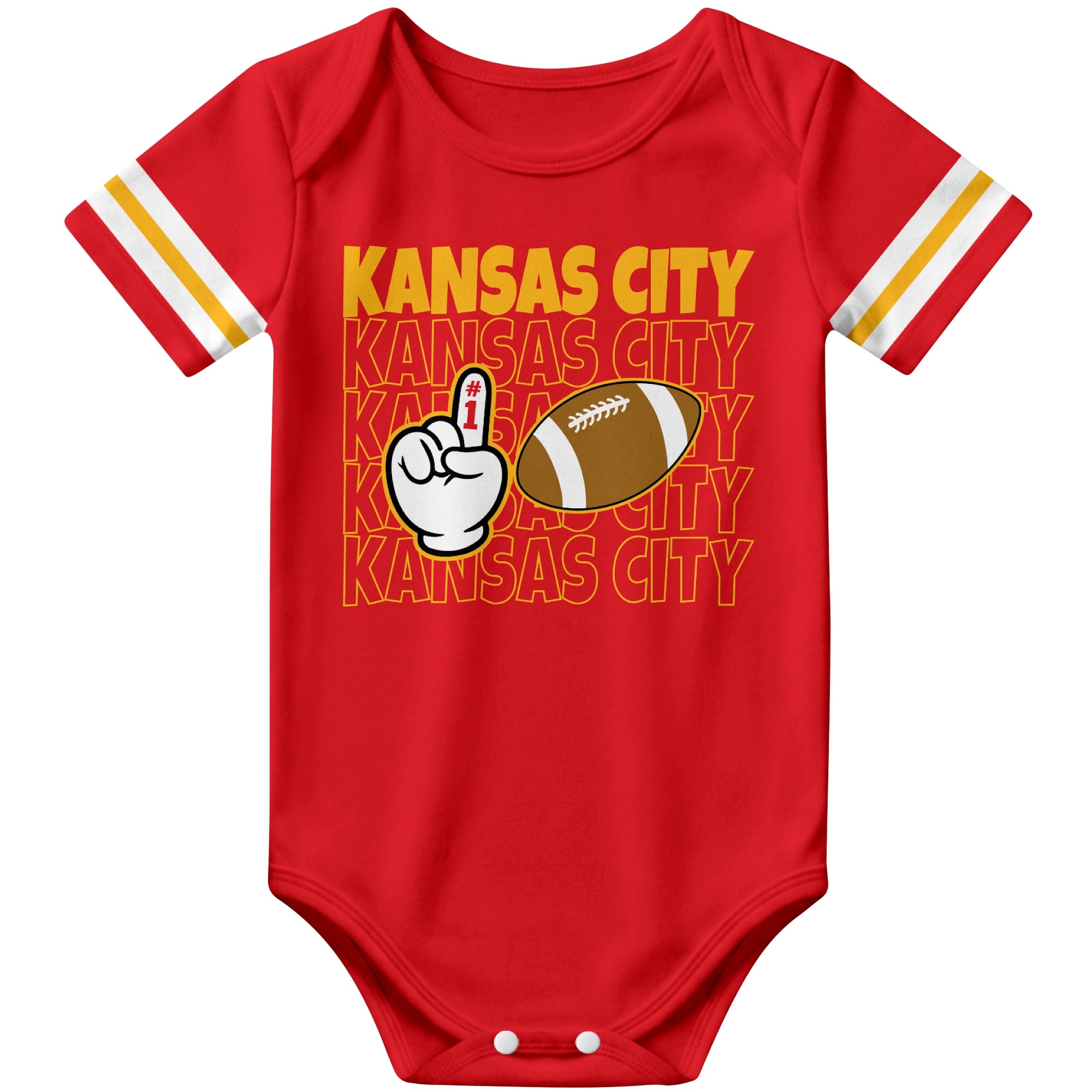 Kansas Red football baby bodysuit front view with city lettering football and number one fan hand graphic