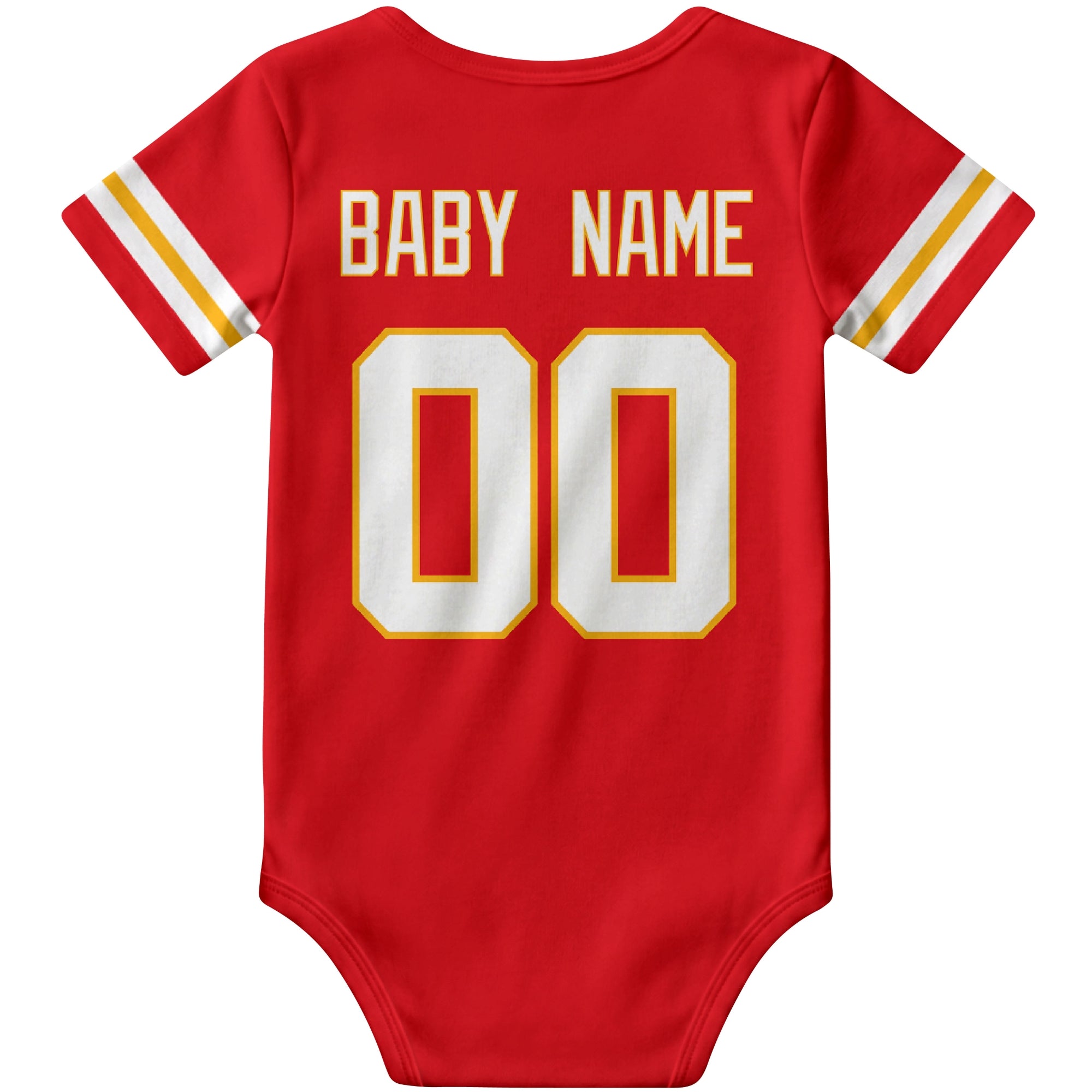 Kansas Red personalized football baby bodysuit back view with custom baby name and jersey number