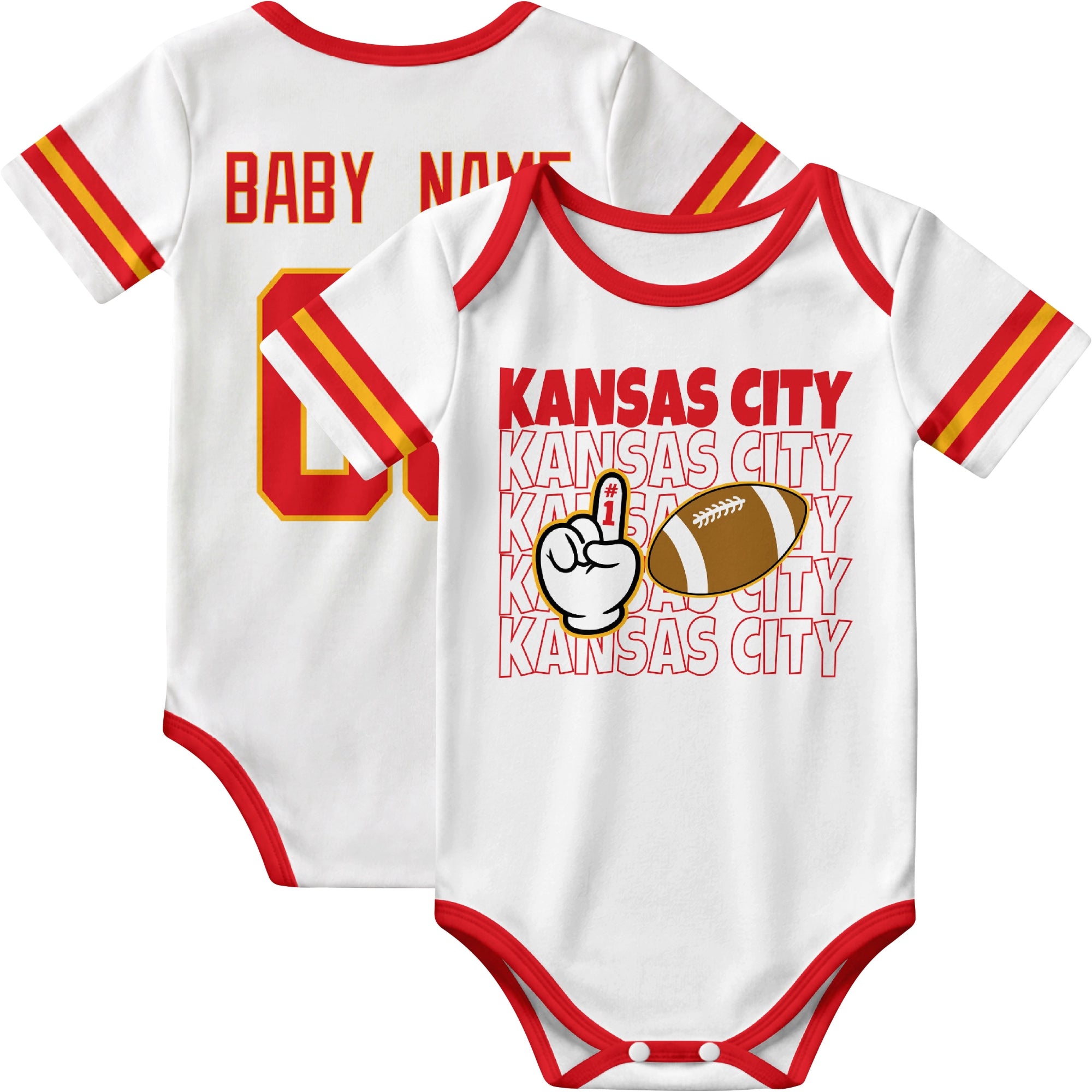 Kansas personalized football baby bodysuit in White showing front number one fan design and back custom baby name and number