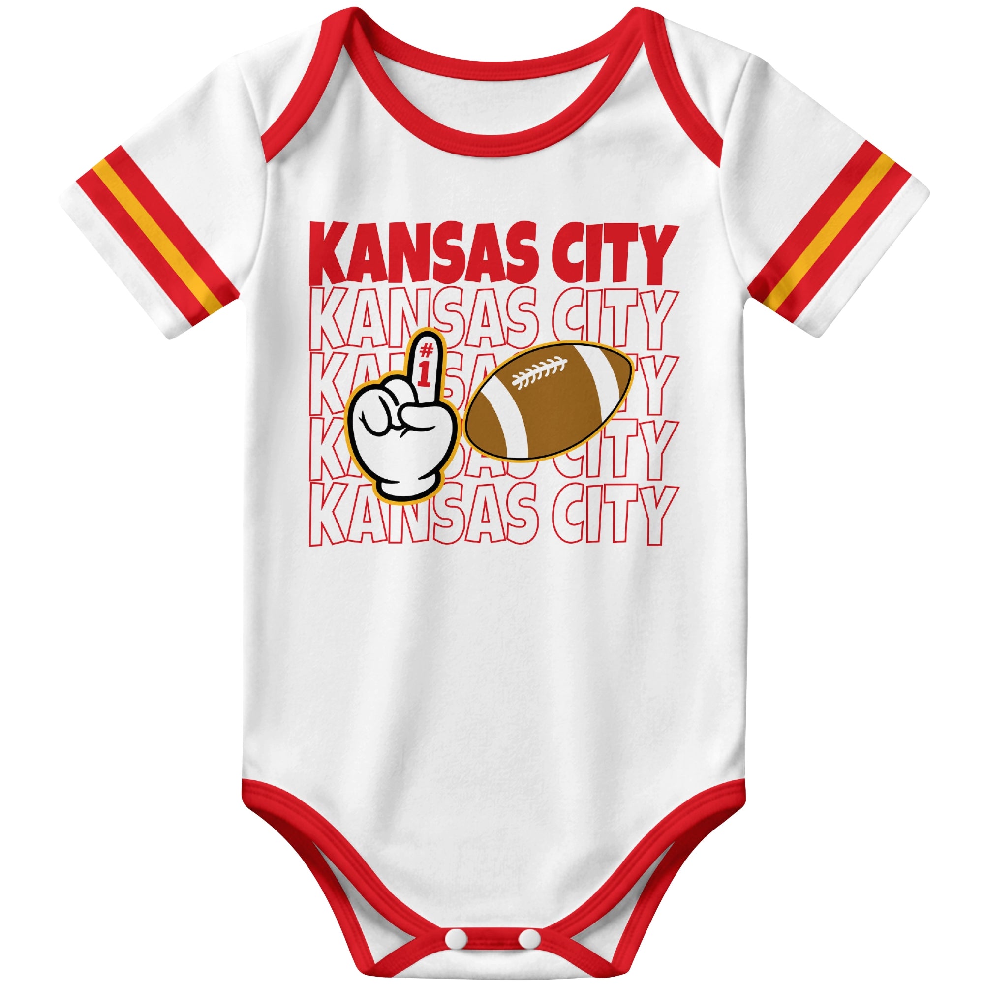 Kansas White football baby bodysuit front view with city lettering football and number one fan hand graphic