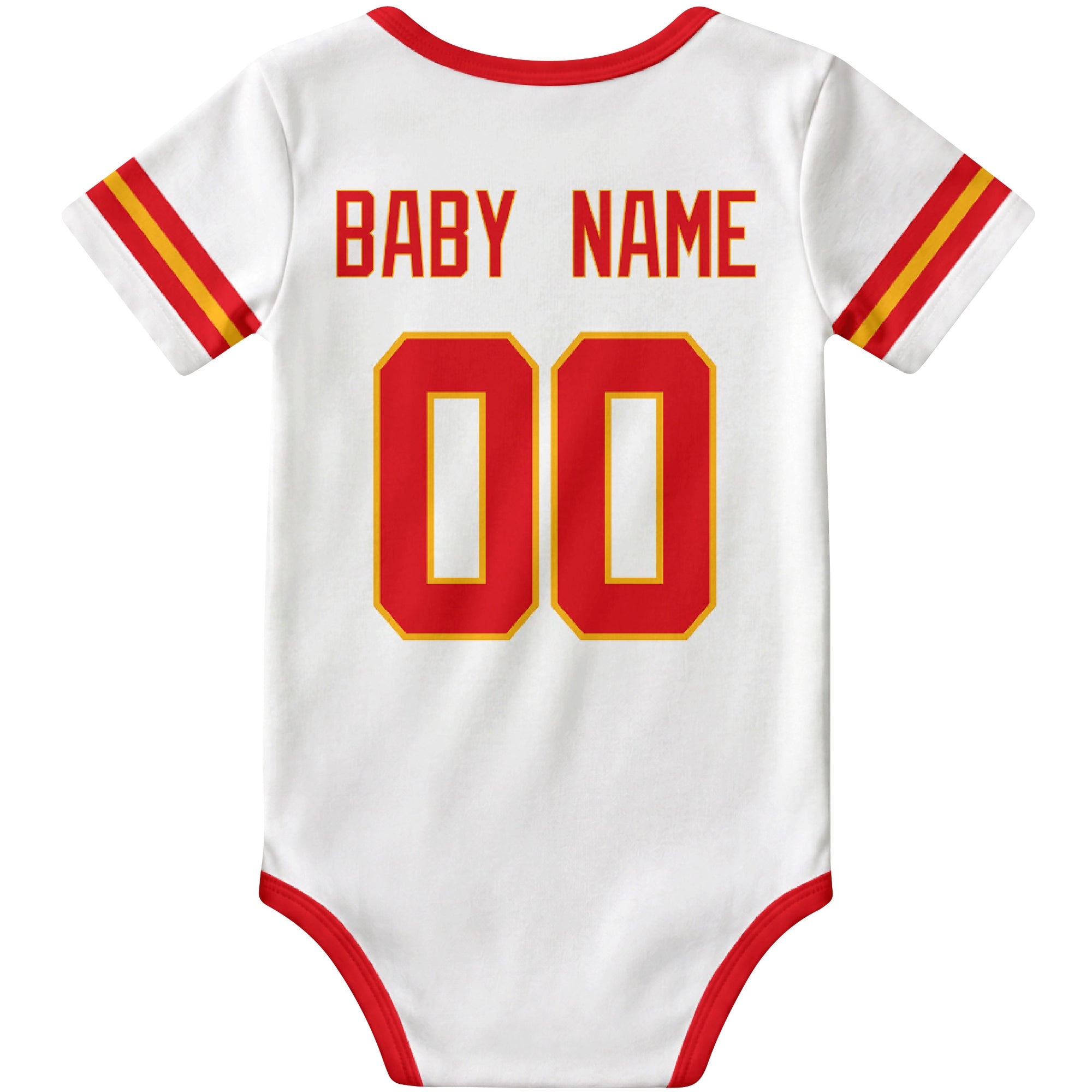 Kansas White personalized football baby bodysuit back view with custom baby name and jersey number