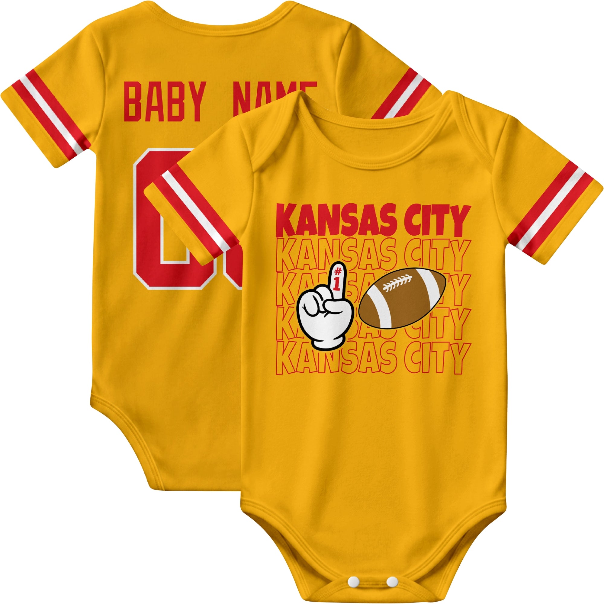 Kansas personalized football baby bodysuit in Gold showing front number one fan design and back custom baby name and number