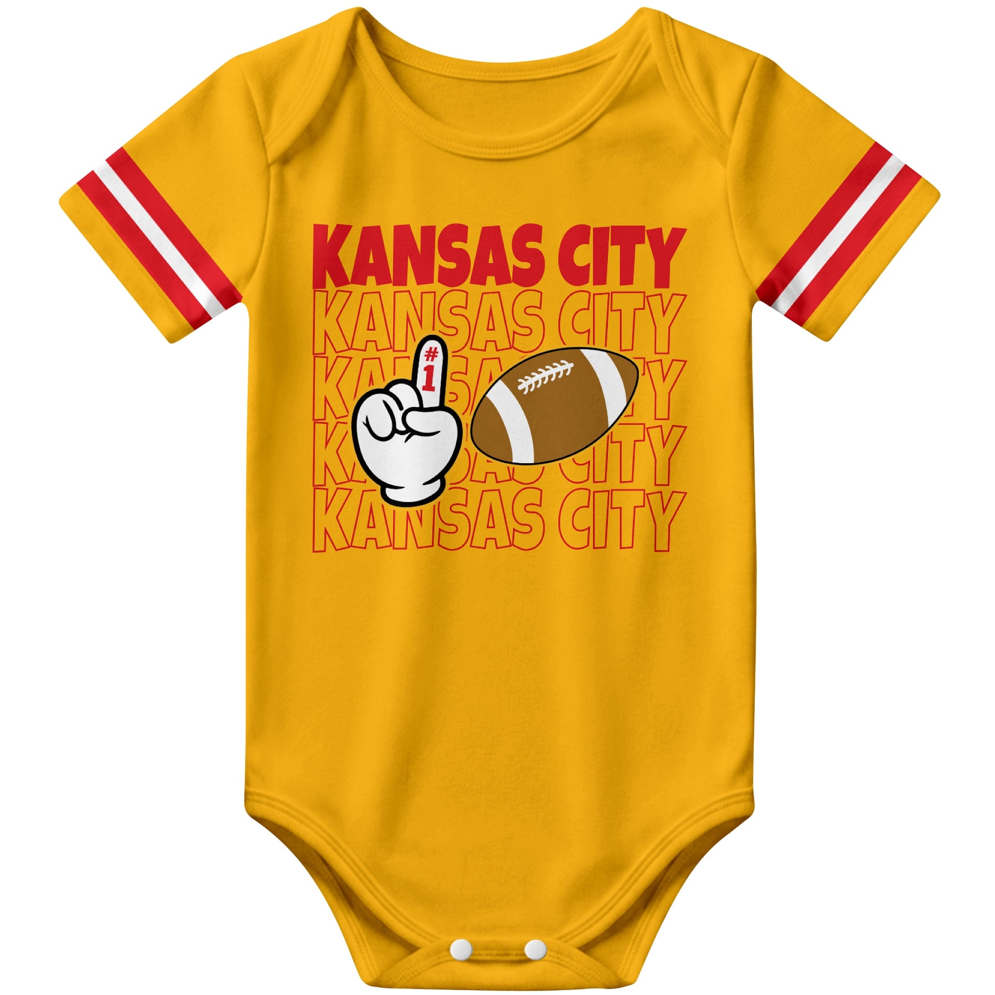 Kansas Gold football baby bodysuit front view with city lettering football and number one fan hand graphic
