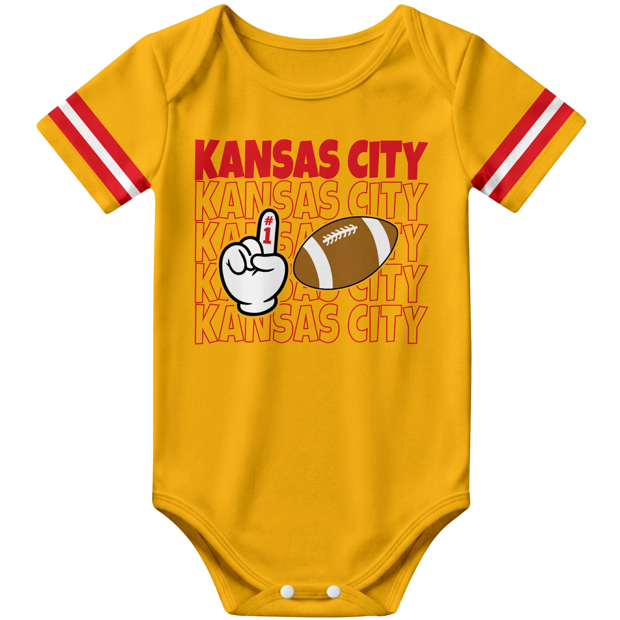 Kansas Gold football baby bodysuit front view with city lettering football and number one fan hand graphic