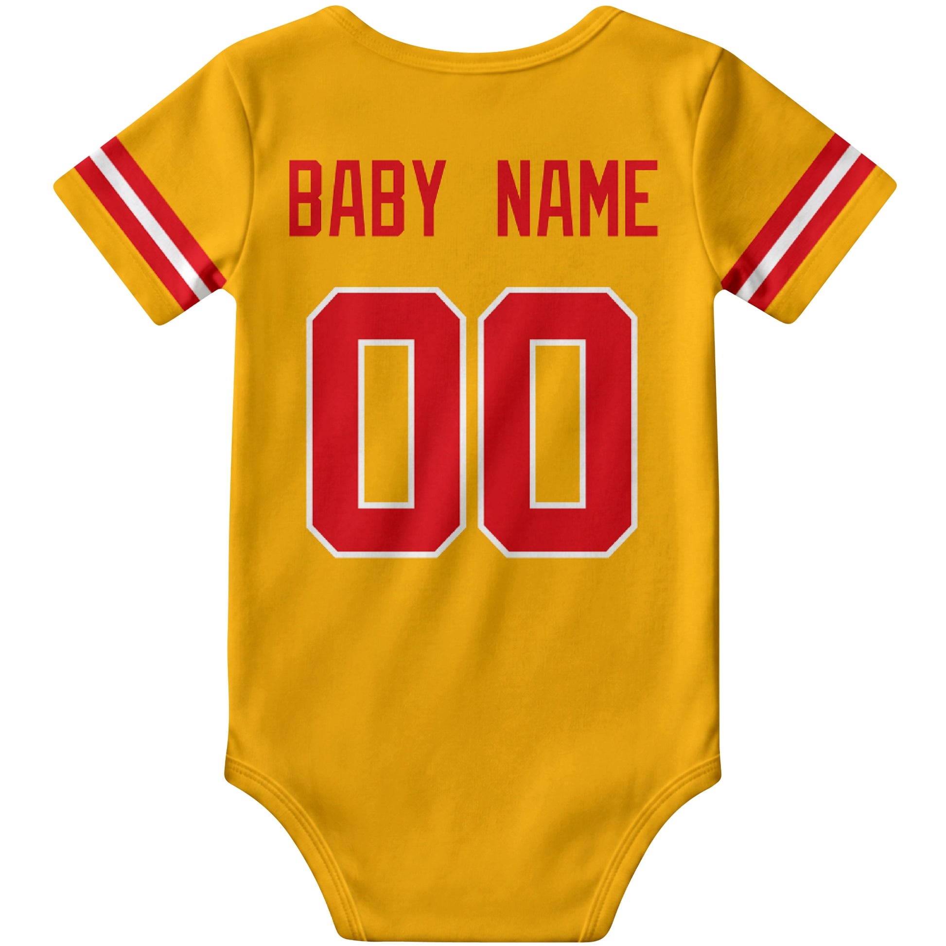 Kansas Gold personalized football baby bodysuit back view with custom baby name and jersey number