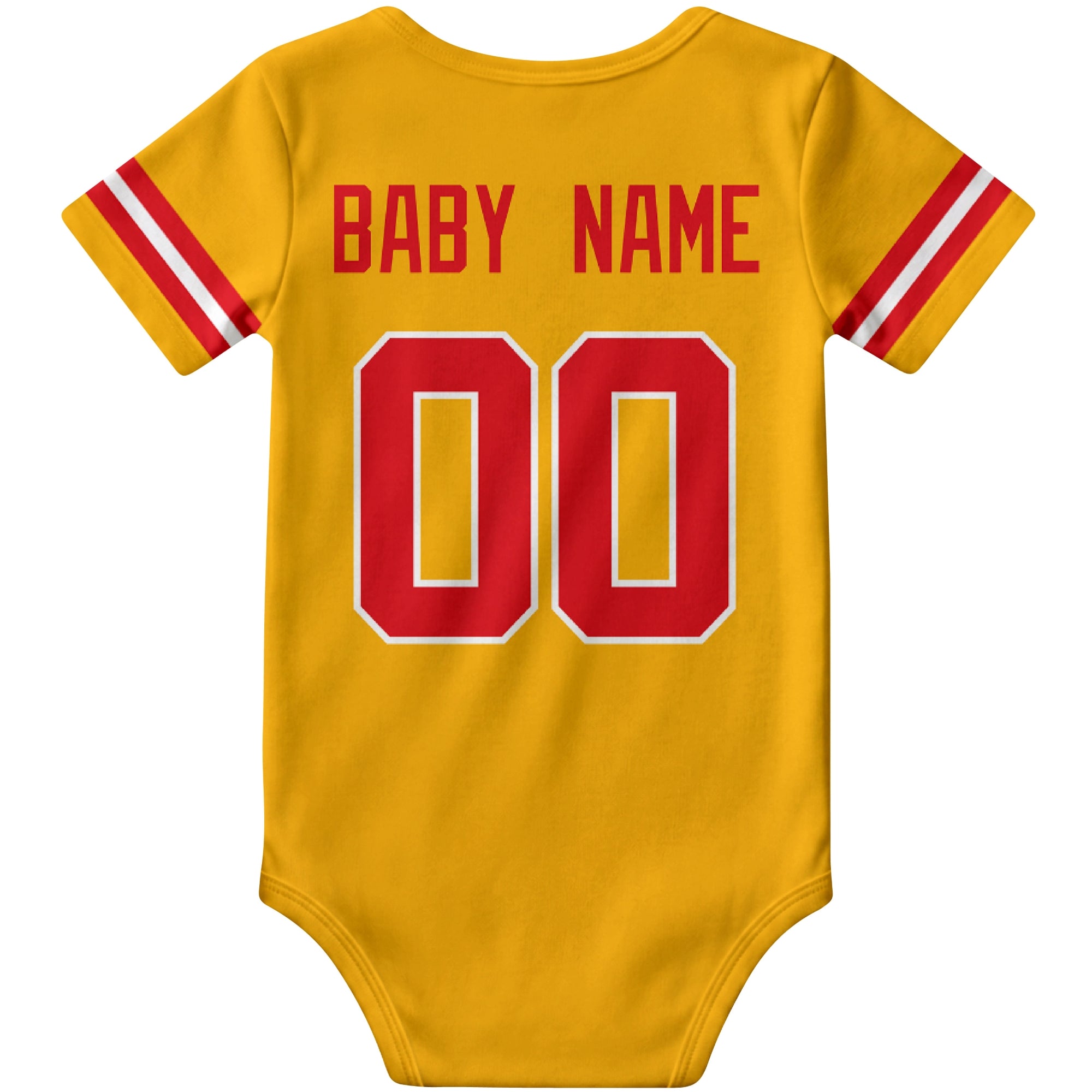 Kansas Gold personalized football baby bodysuit back view with custom baby name and jersey number