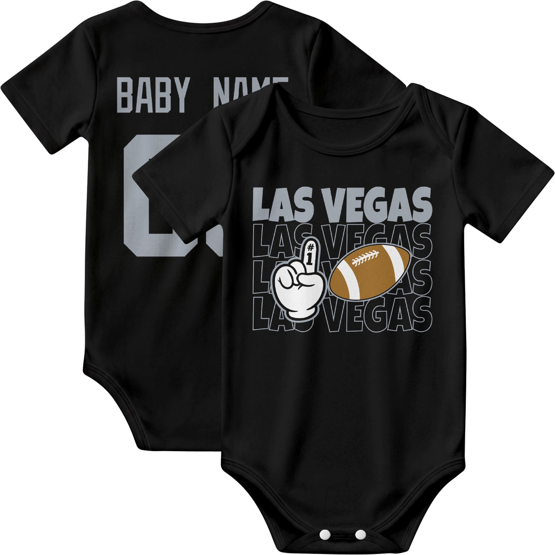Las Vegas personalized football baby bodysuit in Black showing front number one fan design and back custom baby name and number