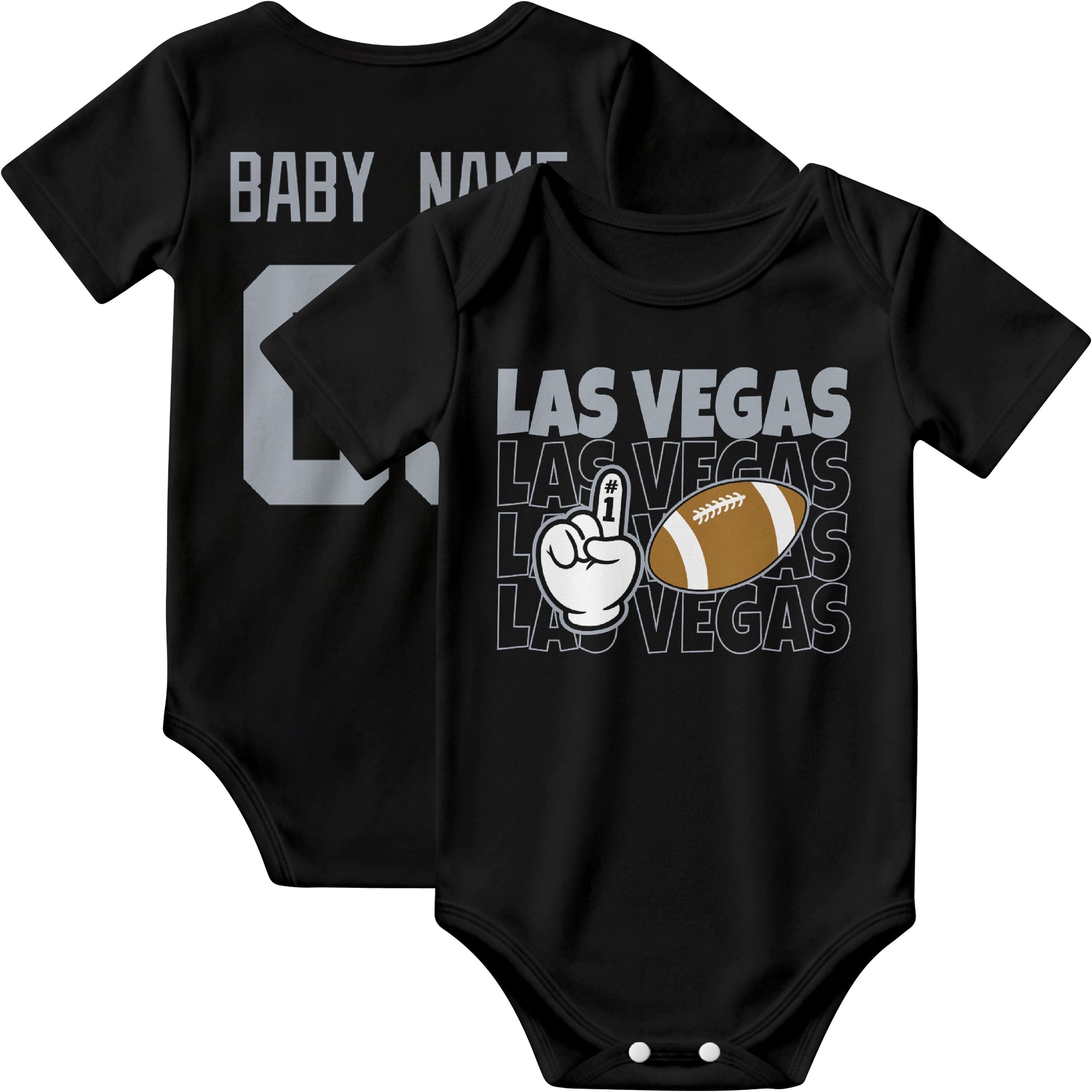 Las Vegas personalized football baby bodysuit in Black showing front number one fan design and back custom baby name and number