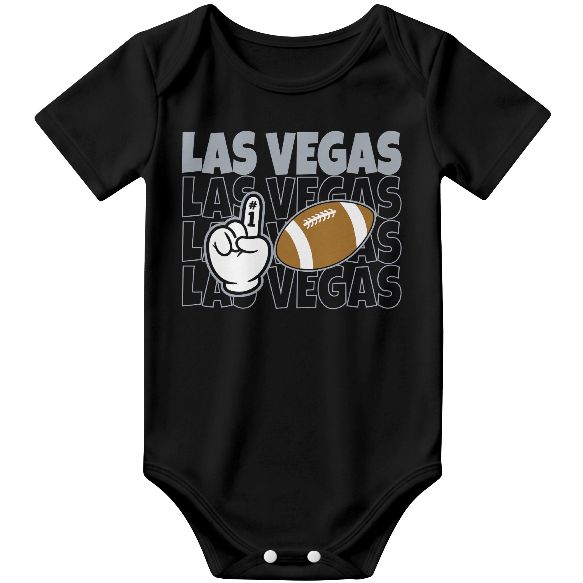 Las Vegas Black football baby bodysuit front view with city lettering football and number one fan hand graphic