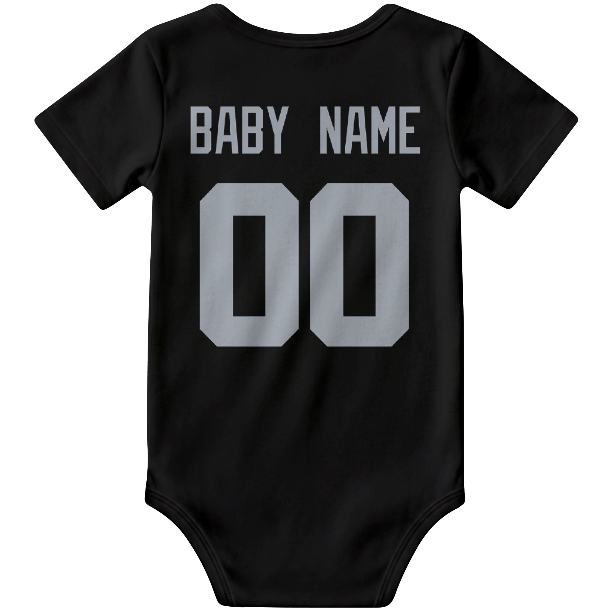 Las Vegas Black personalized football baby bodysuit back view with custom baby name and jersey number