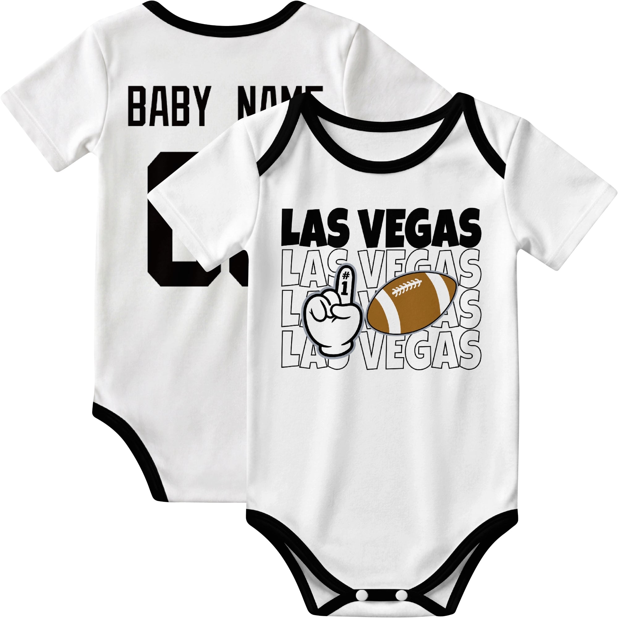 Las Vegas personalized football baby bodysuit in White showing front number one fan design and back custom baby name and number