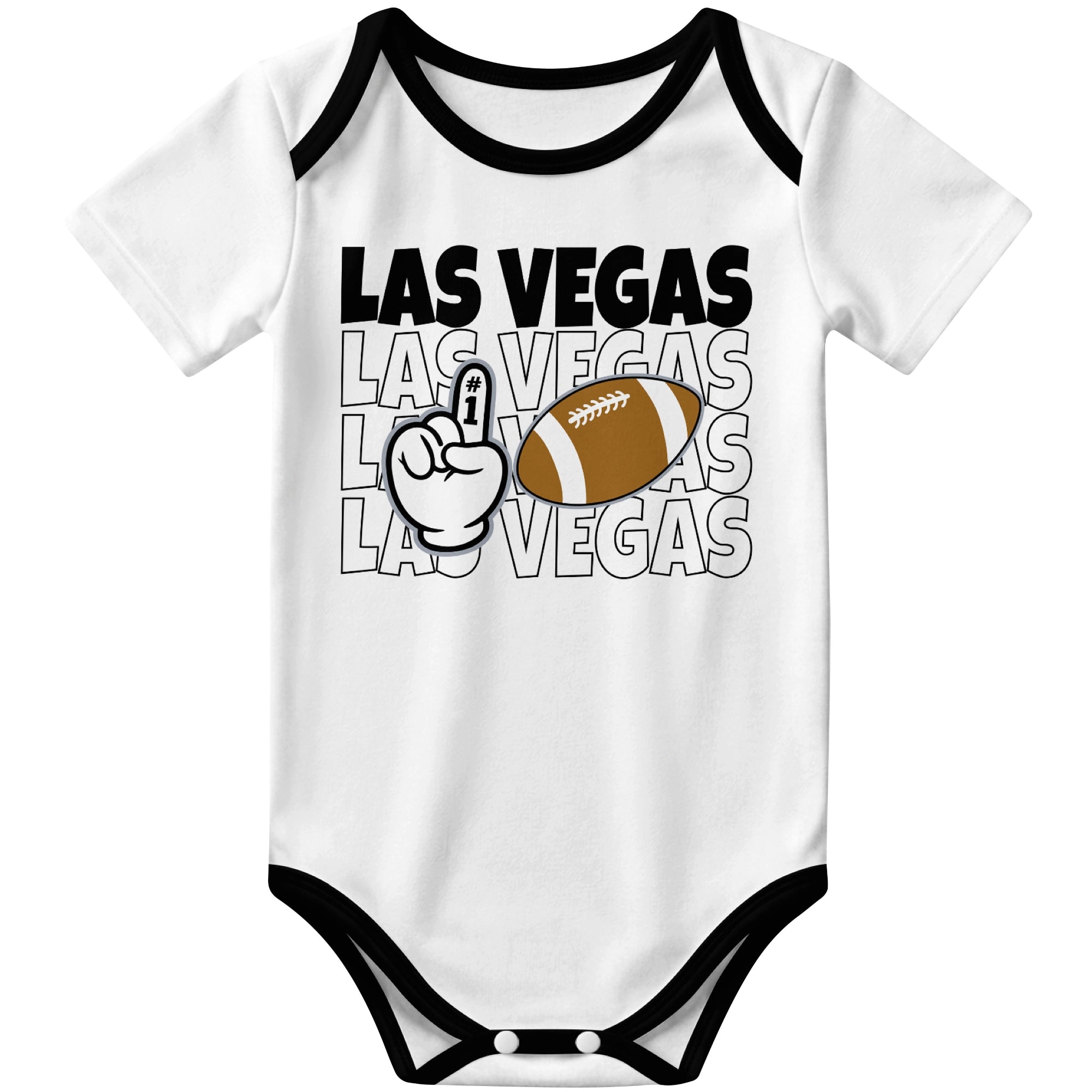 Las Vegas White football baby bodysuit front view with city lettering football and number one fan hand graphic