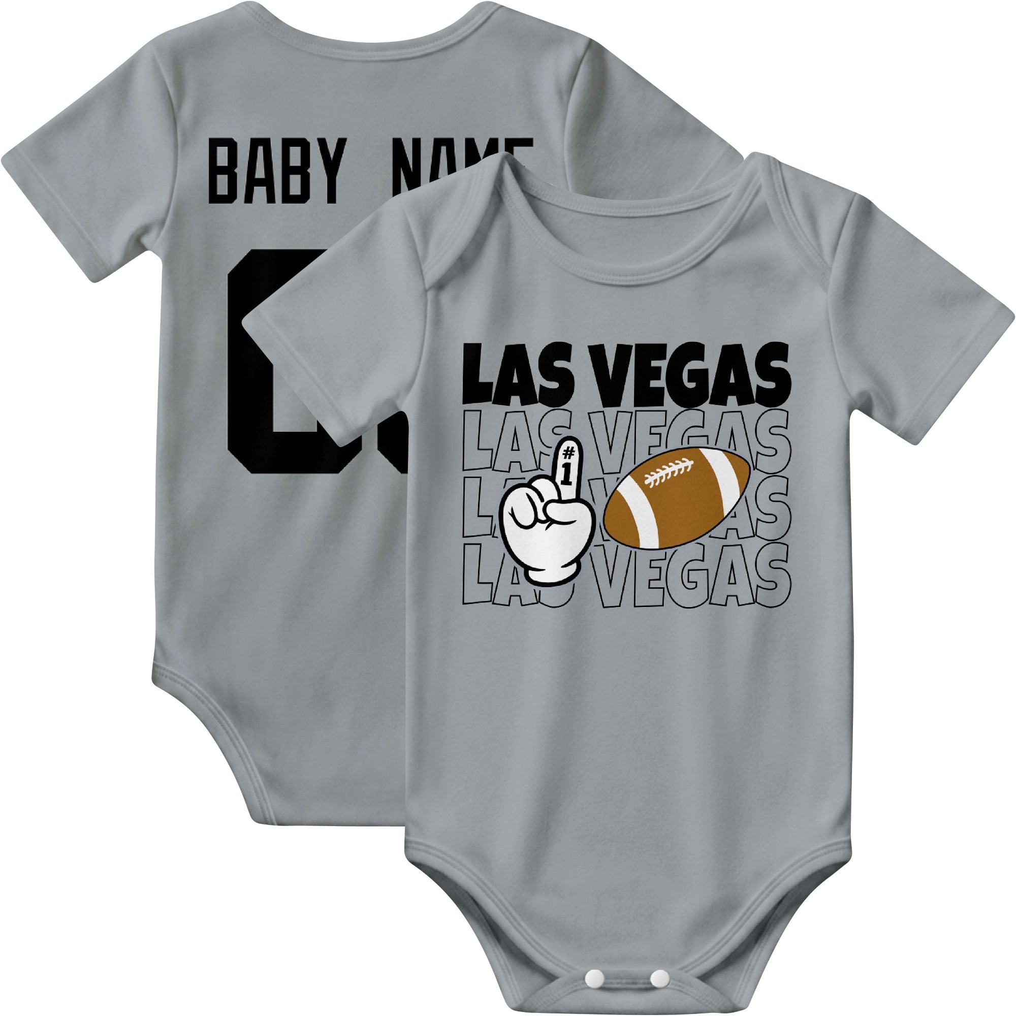 Las Vegas personalized football baby bodysuit in Gray showing front number one fan design and back custom baby name and number