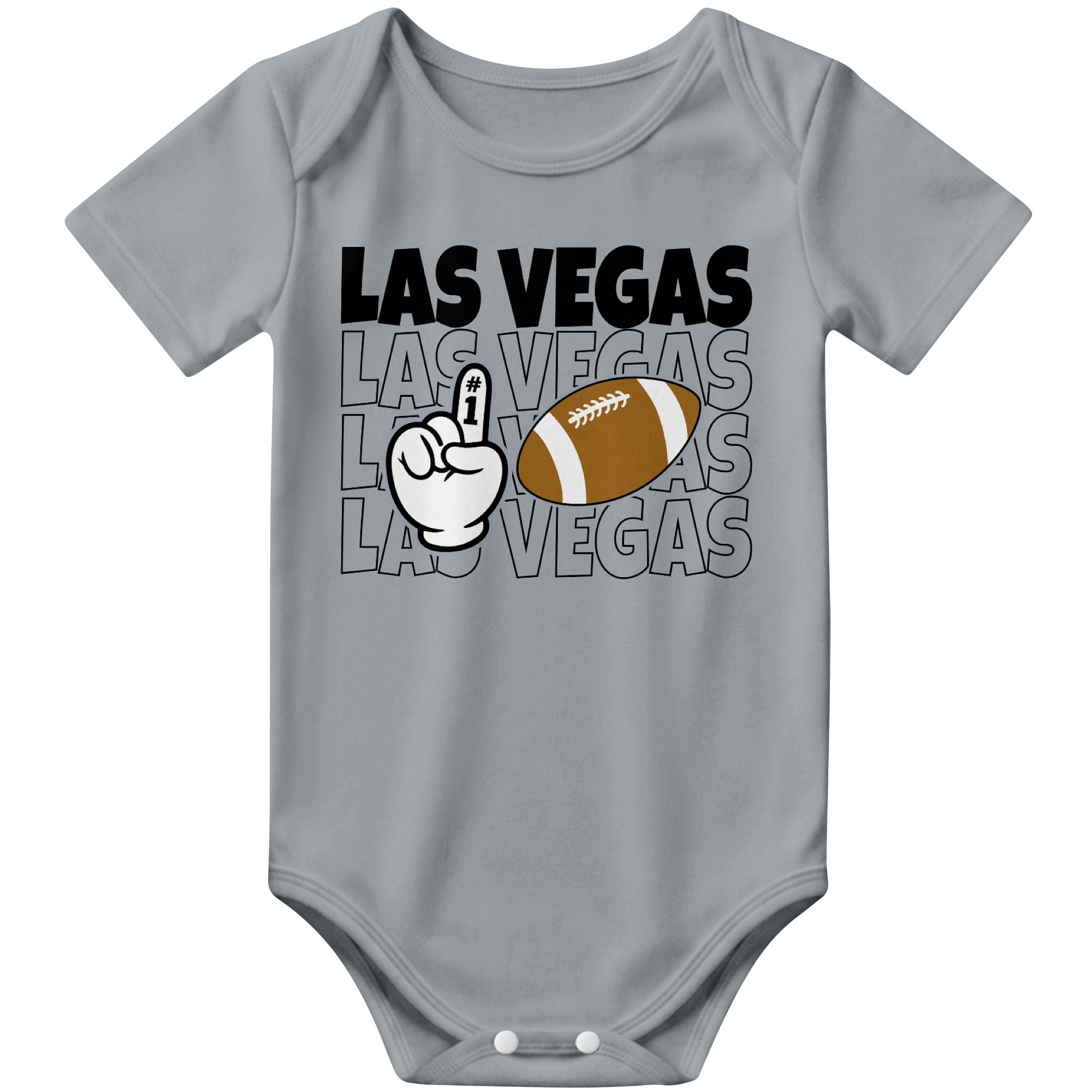 Las Vegas Gray football baby bodysuit front view with city lettering football and number one fan hand graphic