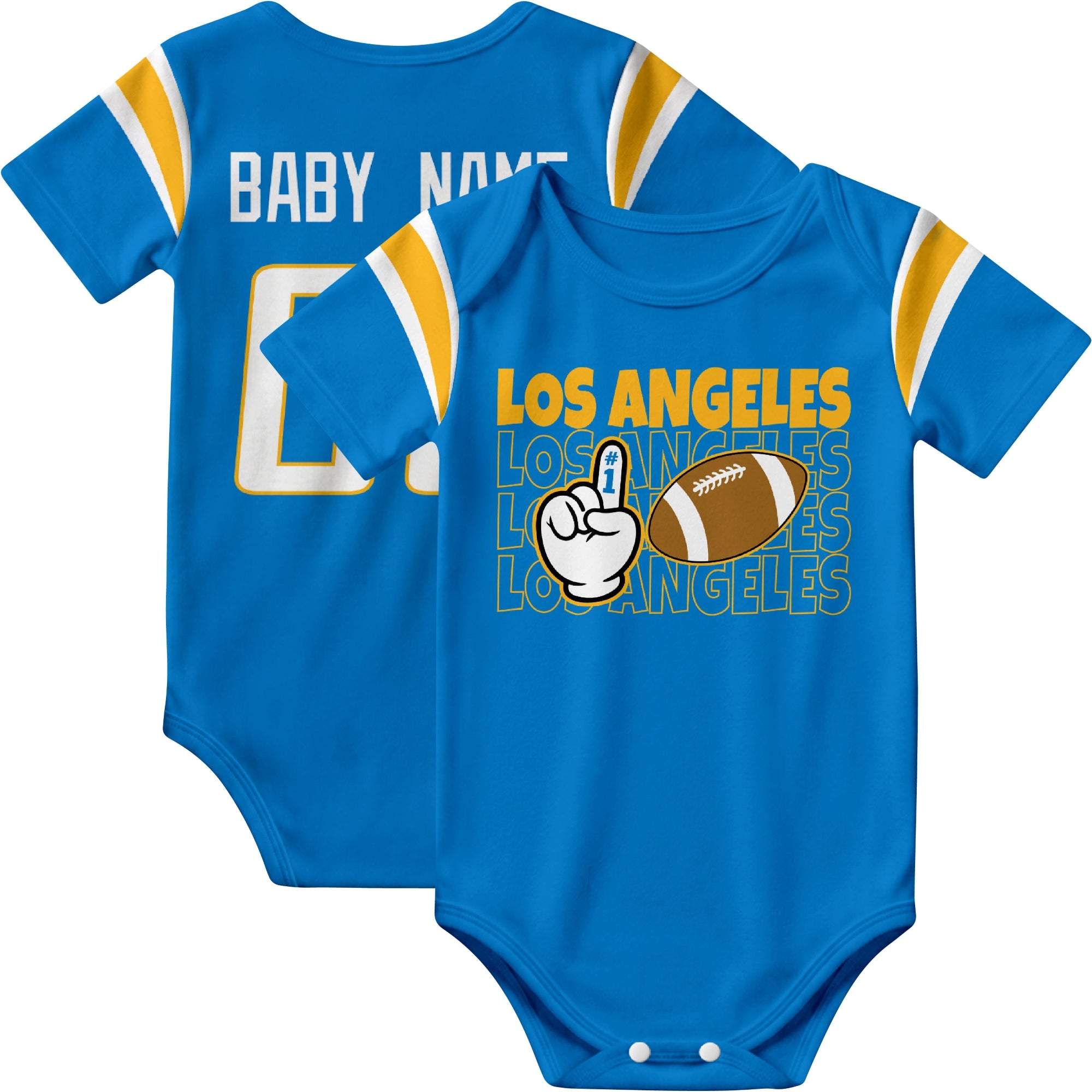 Los Angeles Blue personalized football baby bodysuit in Blue showing front number one fan design and back custom baby name and number