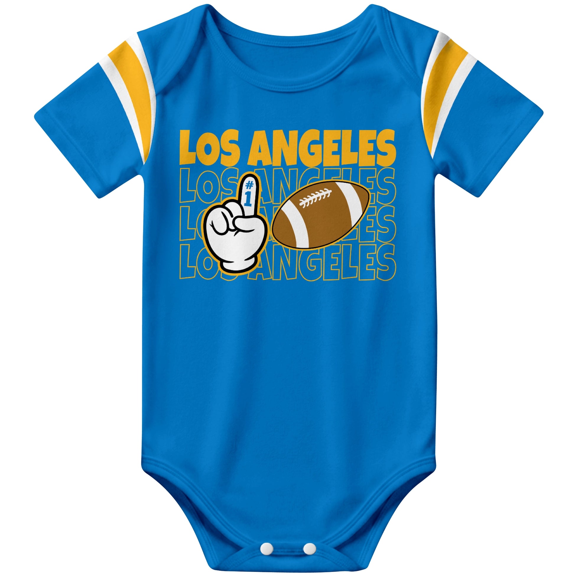 Los Angeles Blue Blue football baby bodysuit front view with city lettering football and number one fan hand graphic