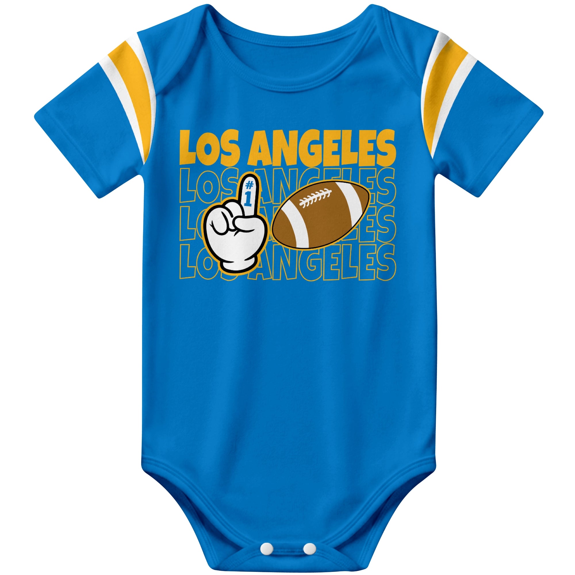 Los Angeles Blue Blue football baby bodysuit front view with city lettering football and number one fan hand graphic