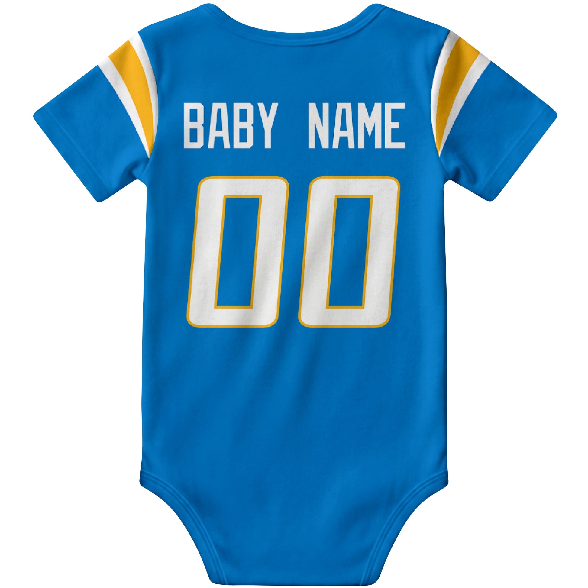 Los Angeles Blue Blue personalized football baby bodysuit back view with custom baby name and jersey number