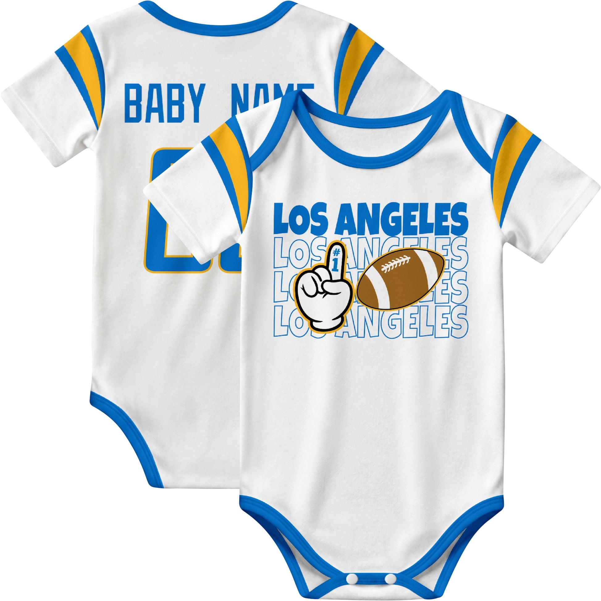 Los Angeles Blue personalized football baby bodysuit in White showing front number one fan design and back custom baby name and number