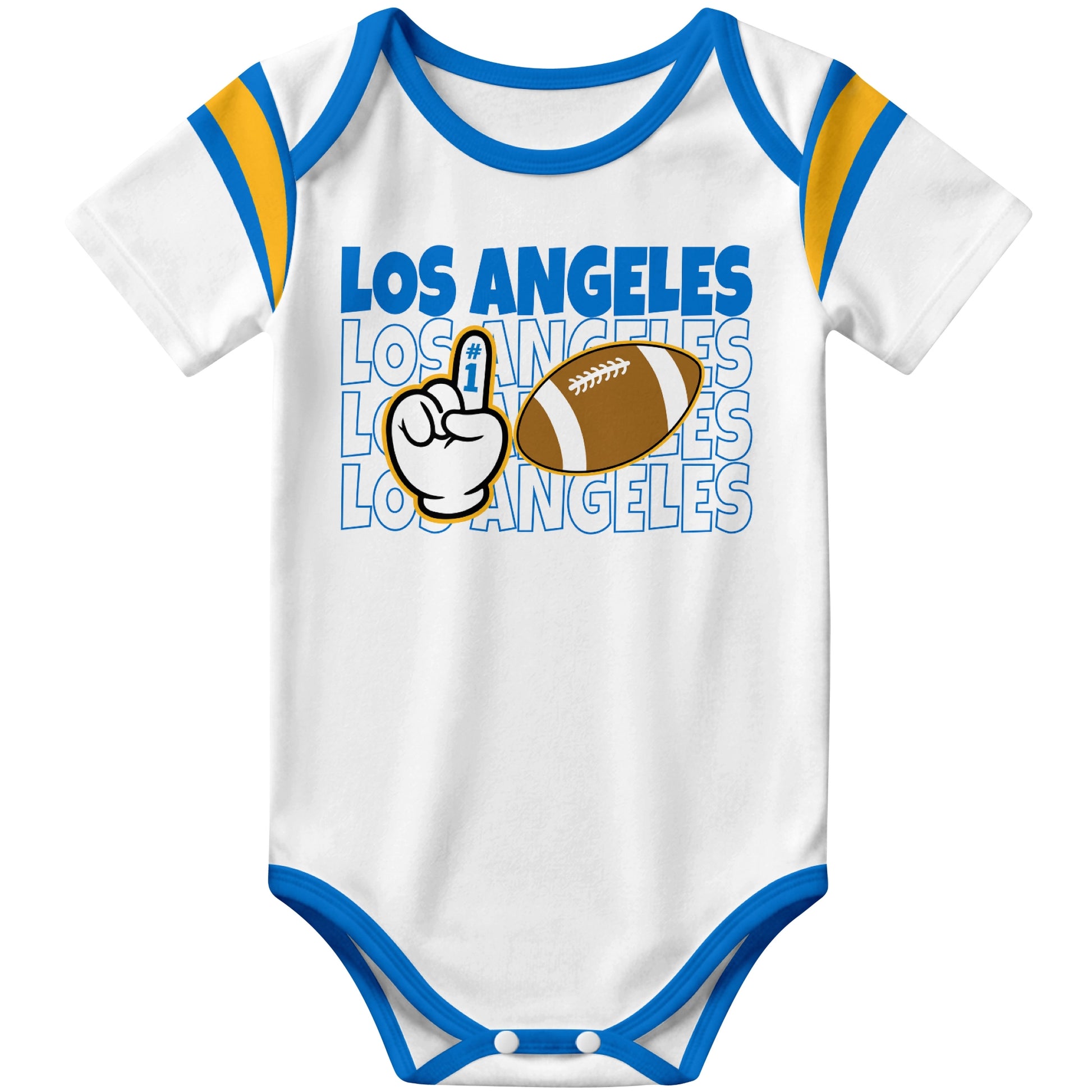 Los Angeles Blue White football baby bodysuit front view with city lettering football and number one fan hand graphic