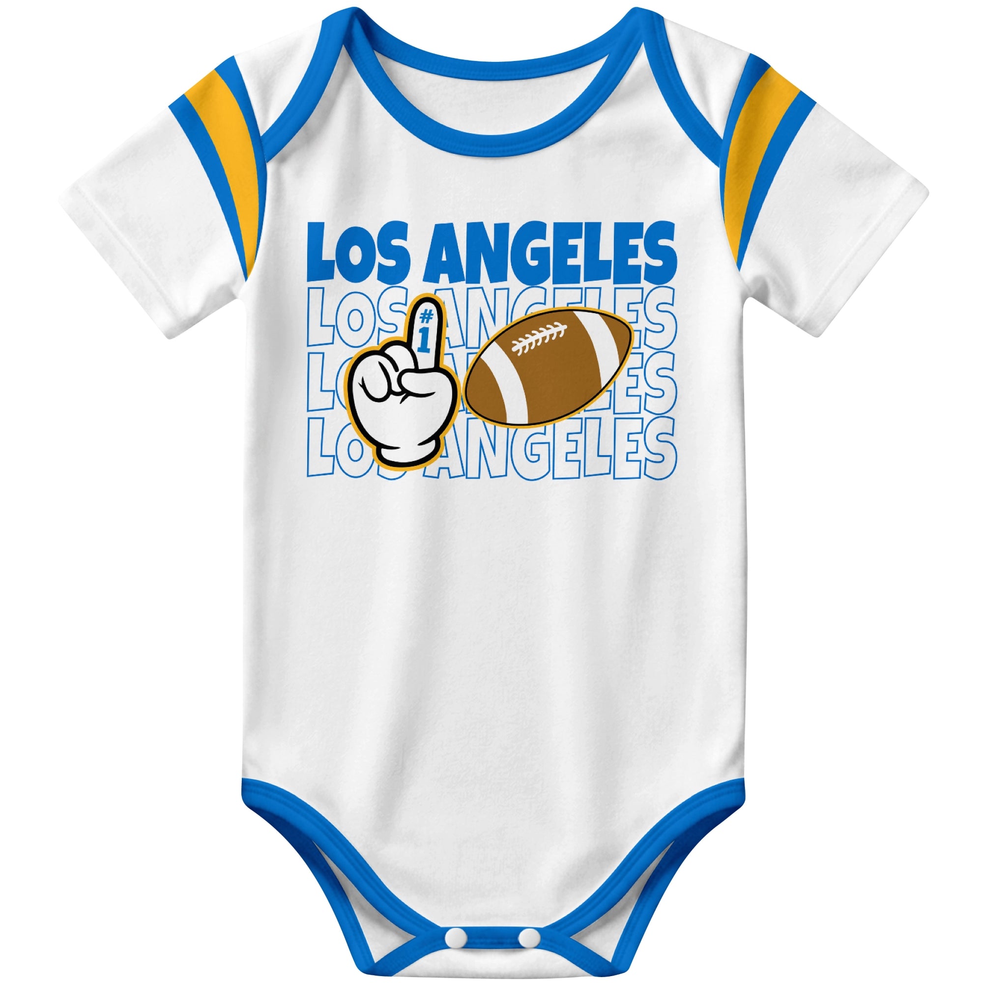 Los Angeles Blue White football baby bodysuit front view with city lettering football and number one fan hand graphic