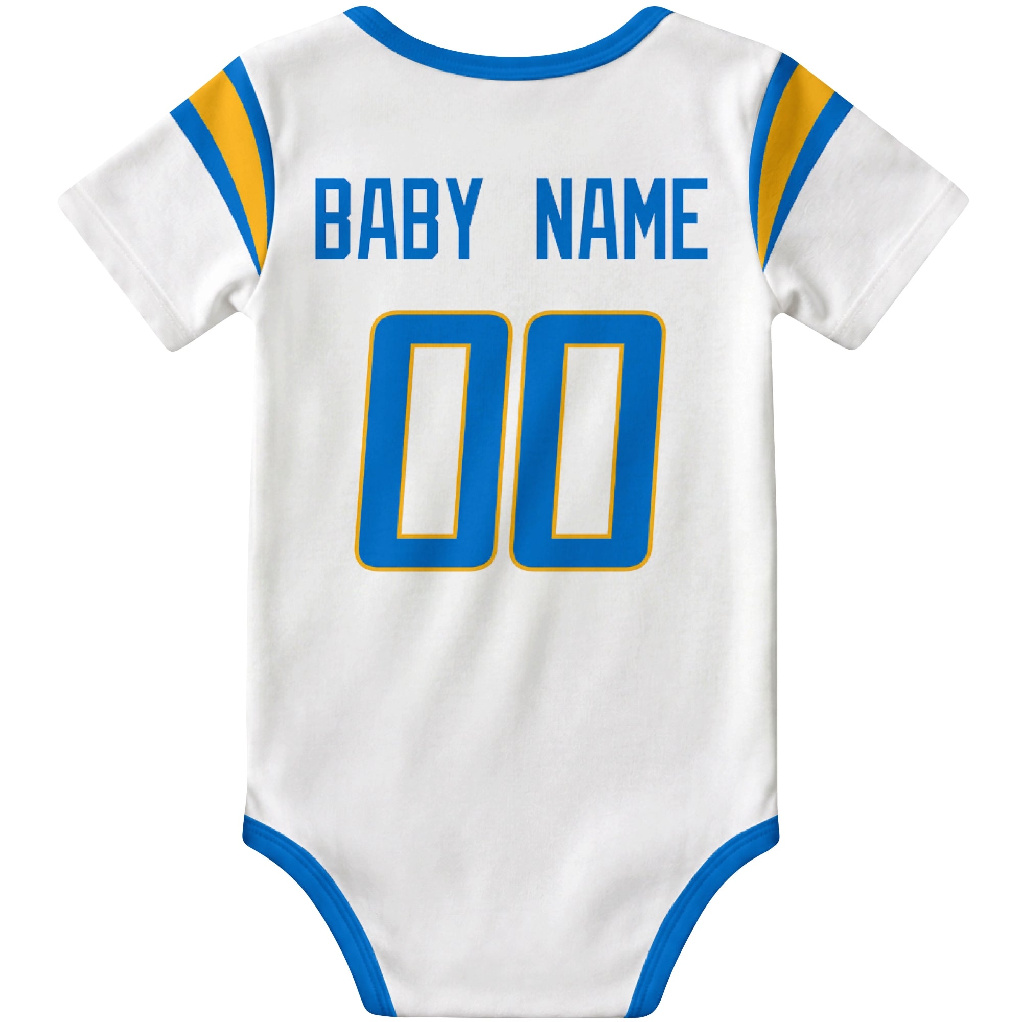 Los Angeles Blue White personalized football baby bodysuit back view with custom baby name and jersey number