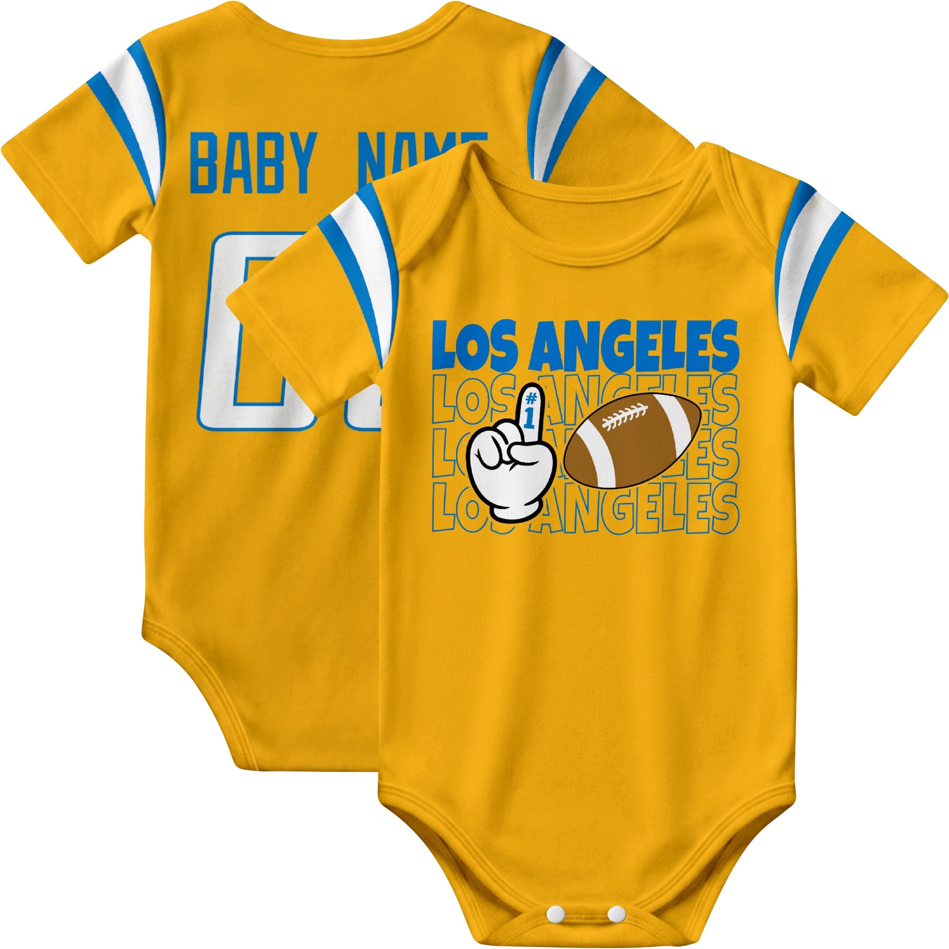 Los Angeles Blue personalized football baby bodysuit in Gold showing front number one fan design and back custom baby name and number