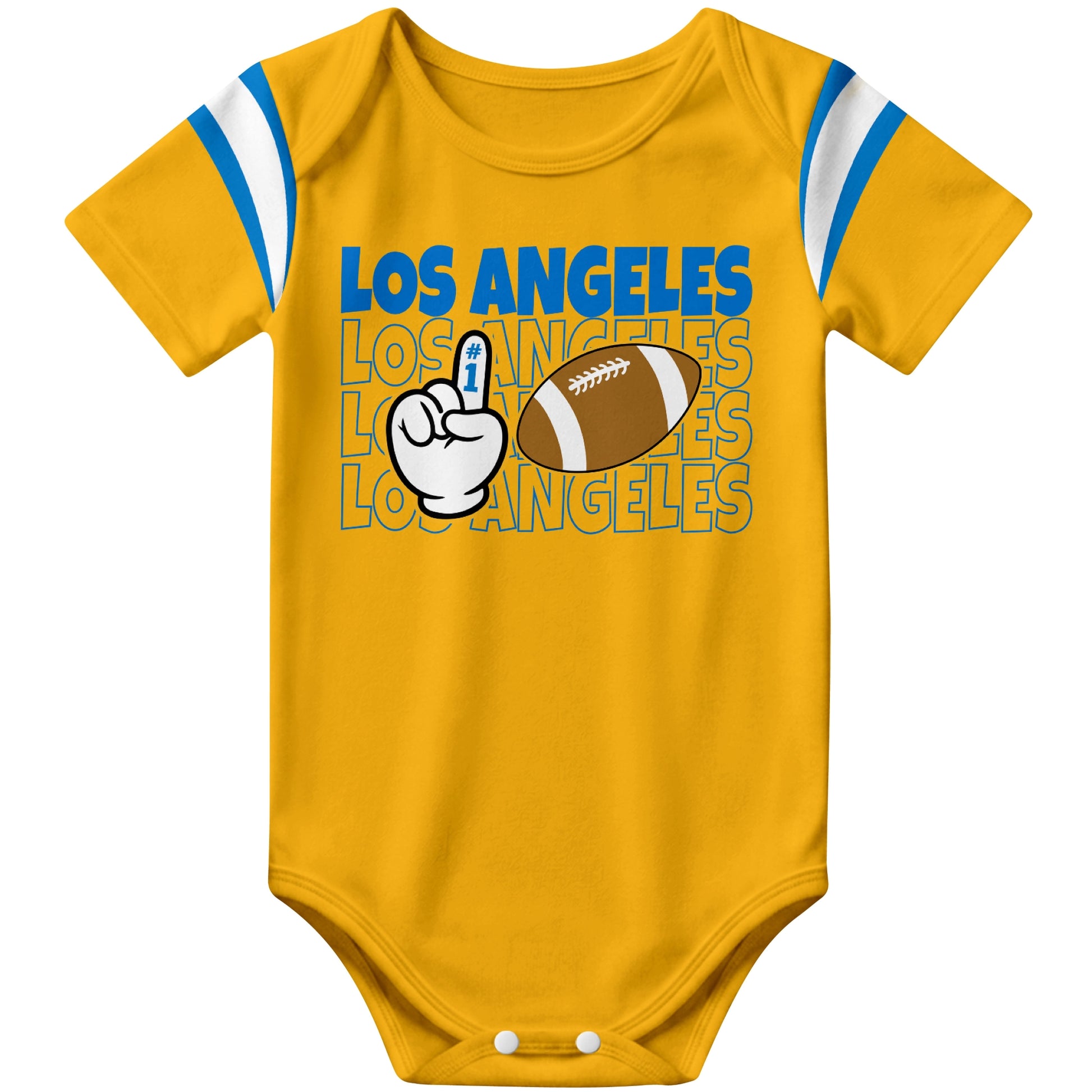 Los Angeles Blue Gold football baby bodysuit front view with city lettering football and number one fan hand graphic