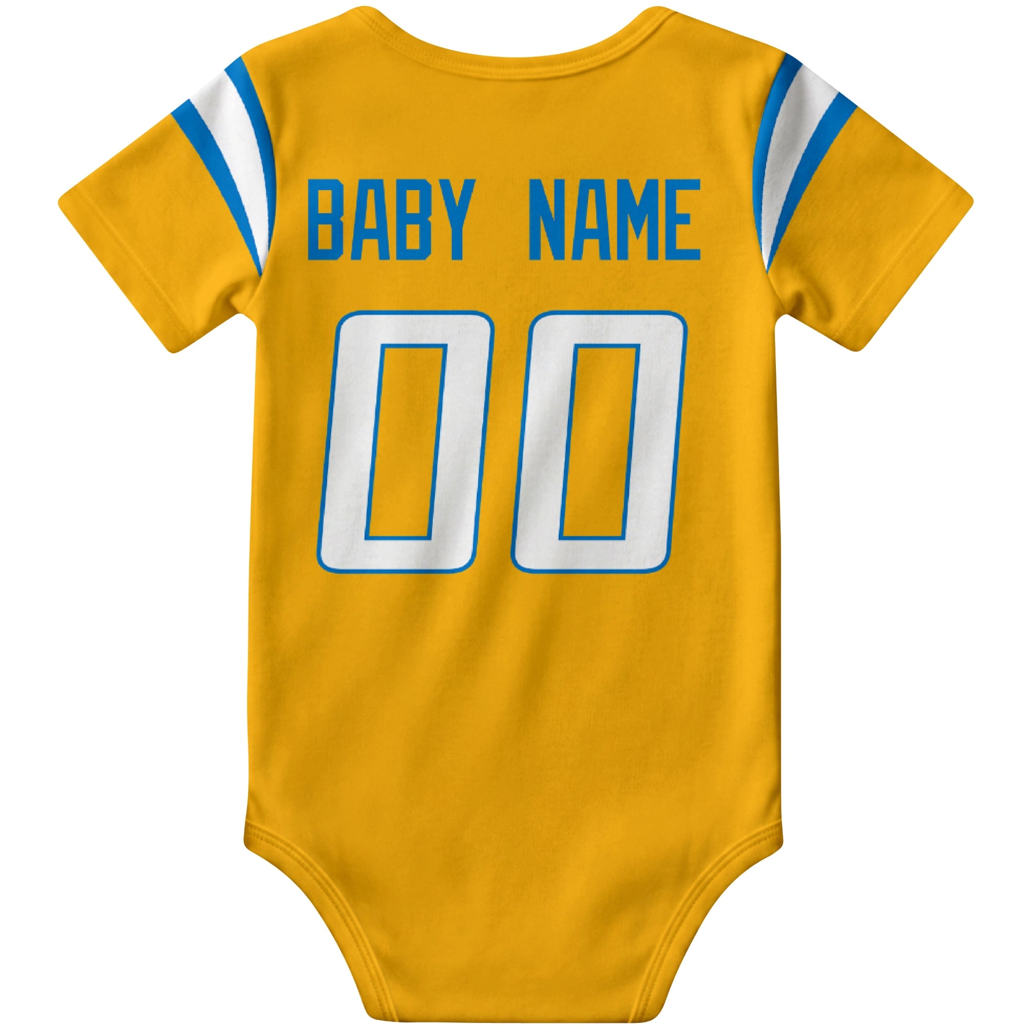 Los Angeles Blue Gold personalized football baby bodysuit back view with custom baby name and jersey number