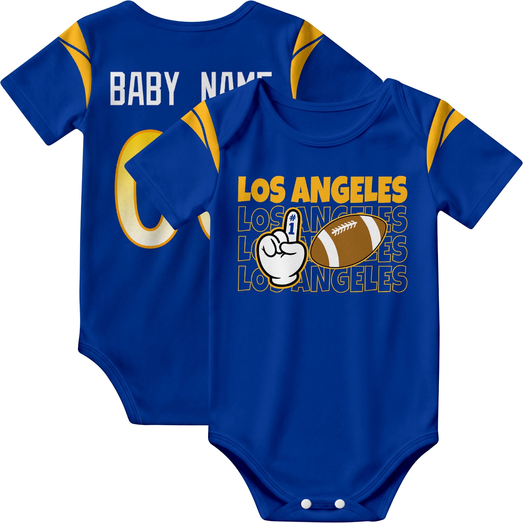 Los Angeles Royal personalized football baby bodysuit in Royal showing front number one fan design and back custom baby name and number