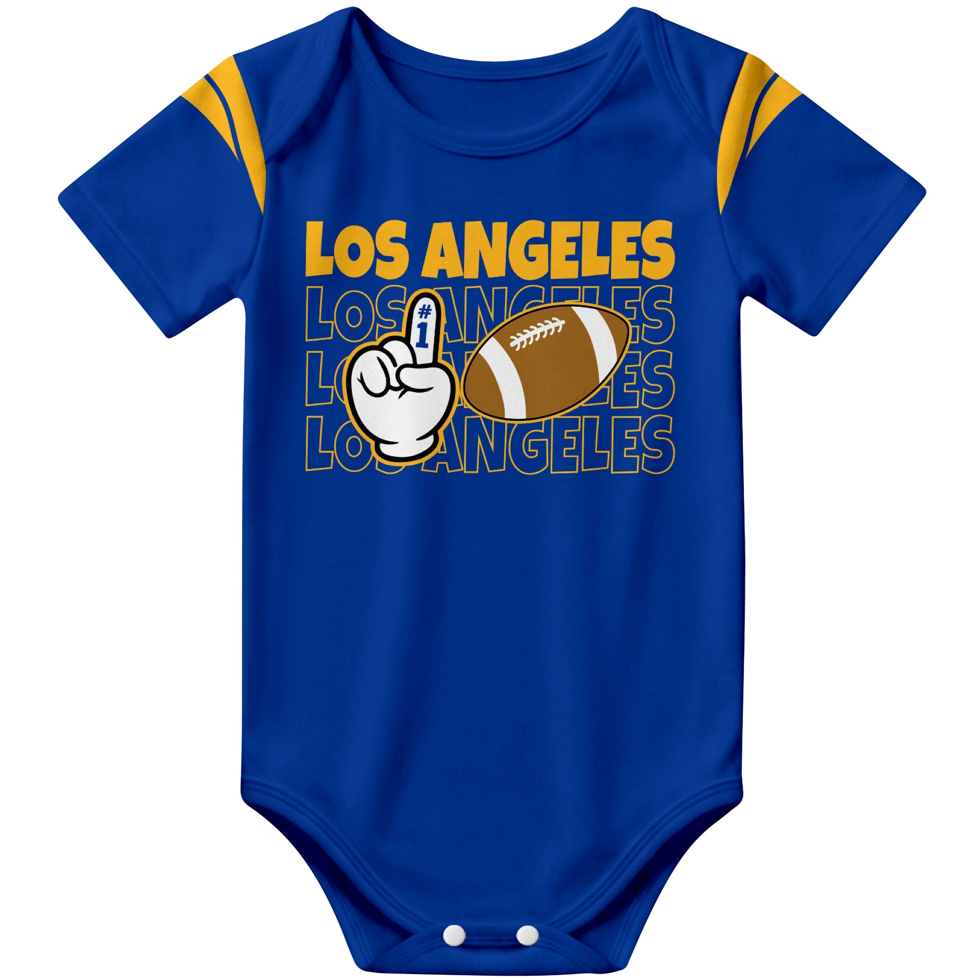 Los Angeles Royal Royal football baby bodysuit front view with city lettering football and number one fan hand graphic