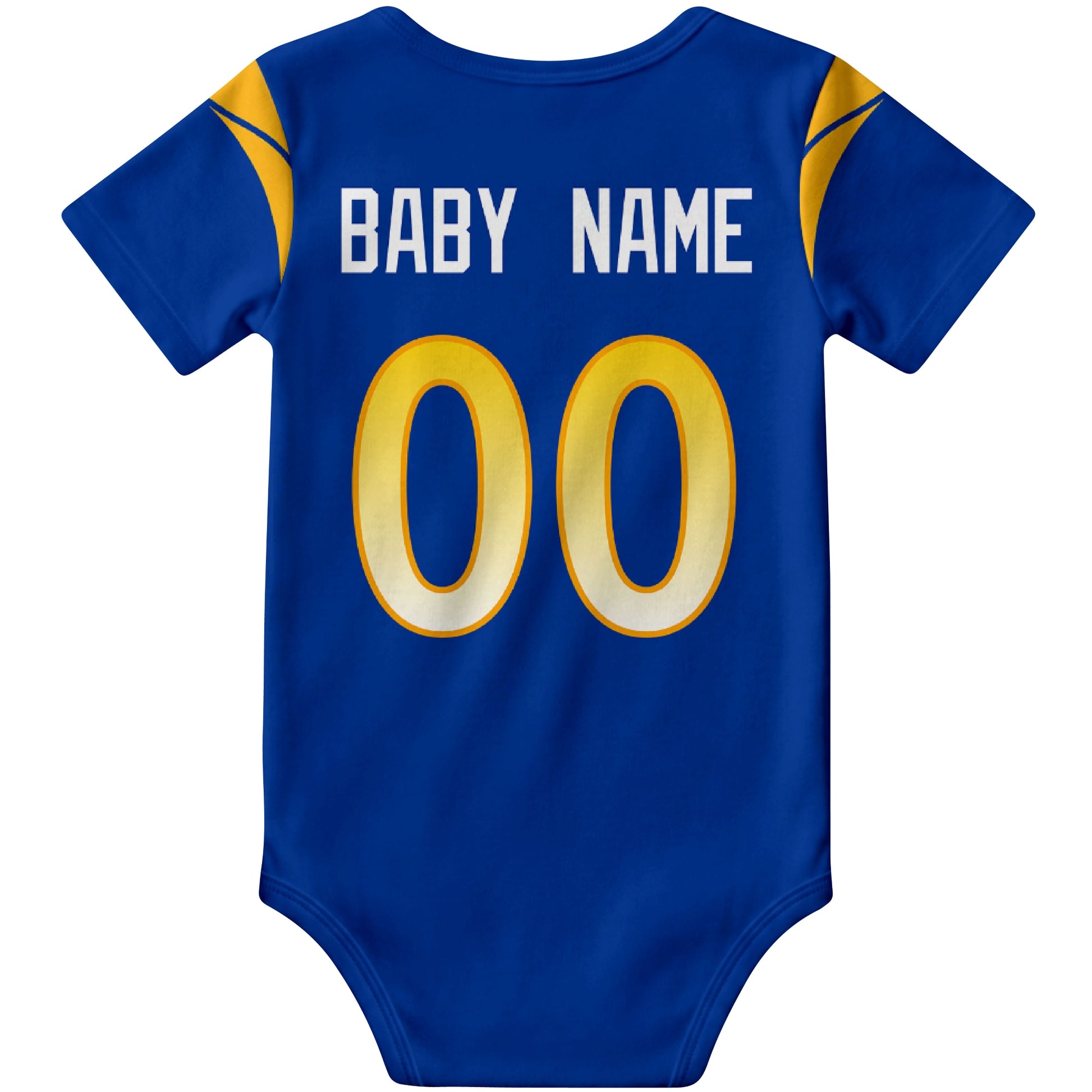 Los Angeles Royal Royal personalized football baby bodysuit back view with custom baby name and jersey number