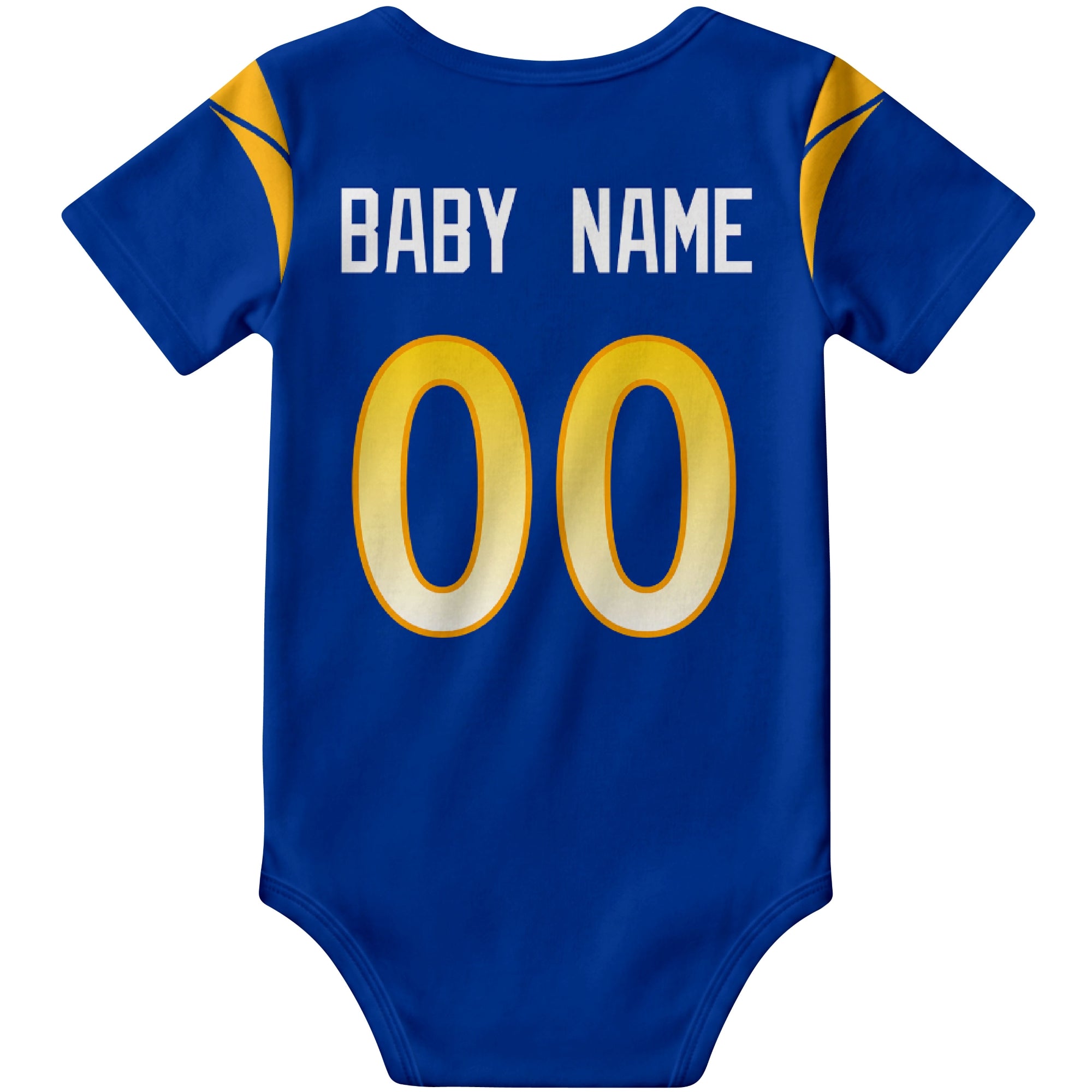 Los Angeles Royal Royal personalized football baby bodysuit back view with custom baby name and jersey number