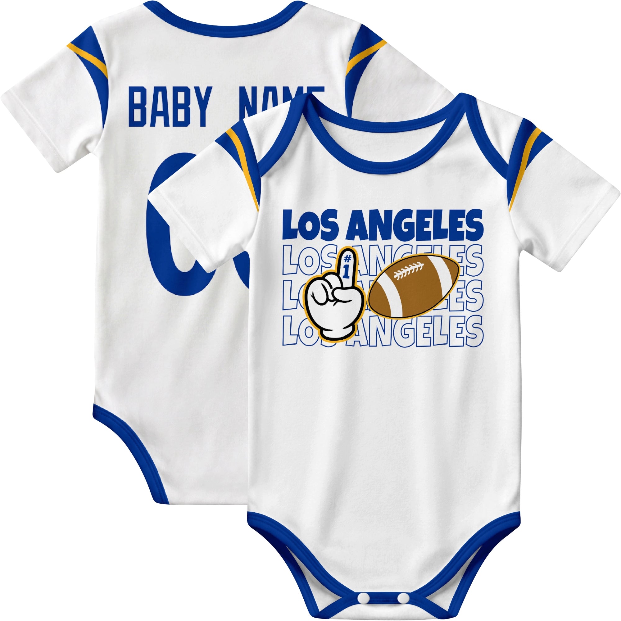 Los Angeles Royal personalized football baby bodysuit in White showing front number one fan design and back custom baby name and number