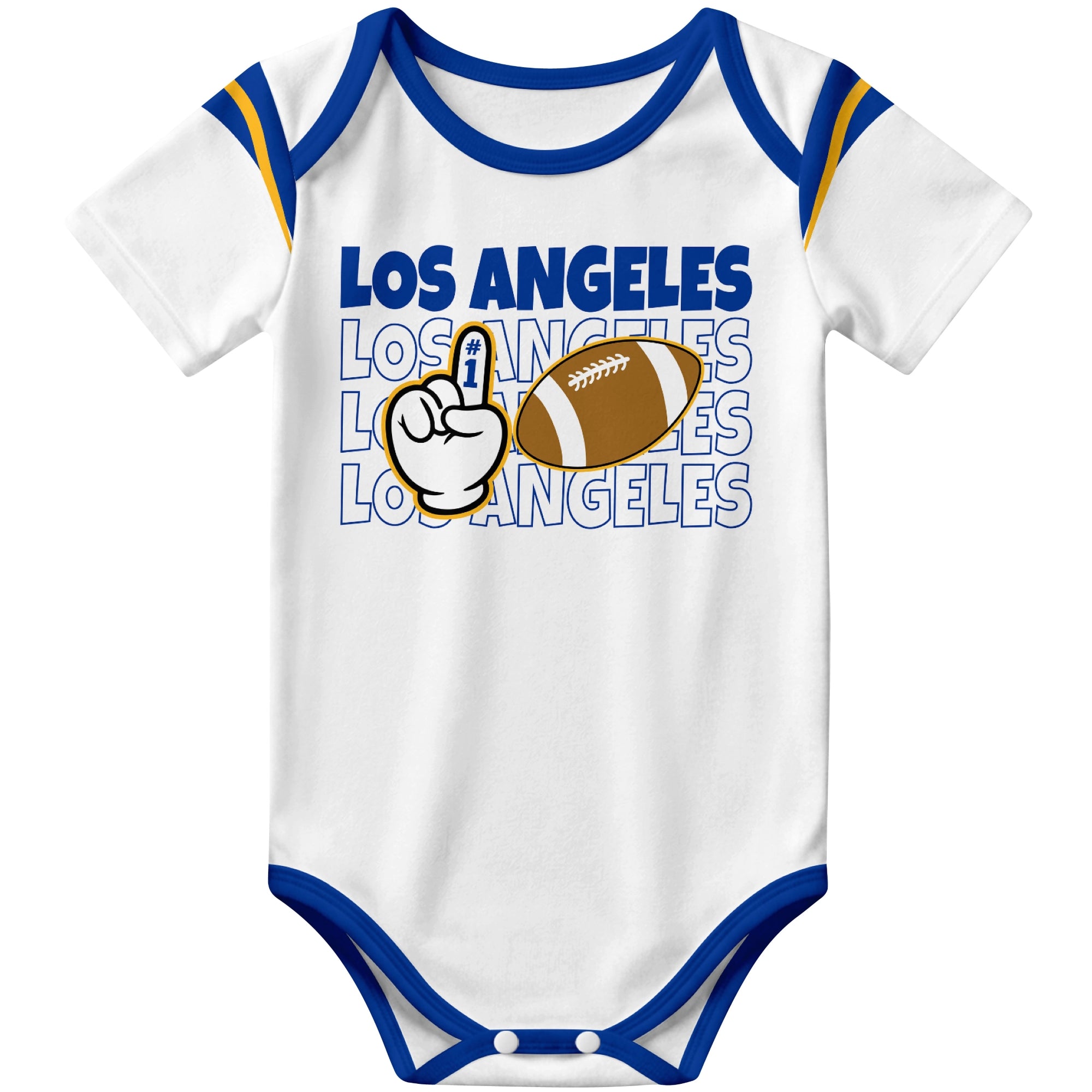 Los Angeles Royal White football baby bodysuit front view with city lettering football and number one fan hand graphic