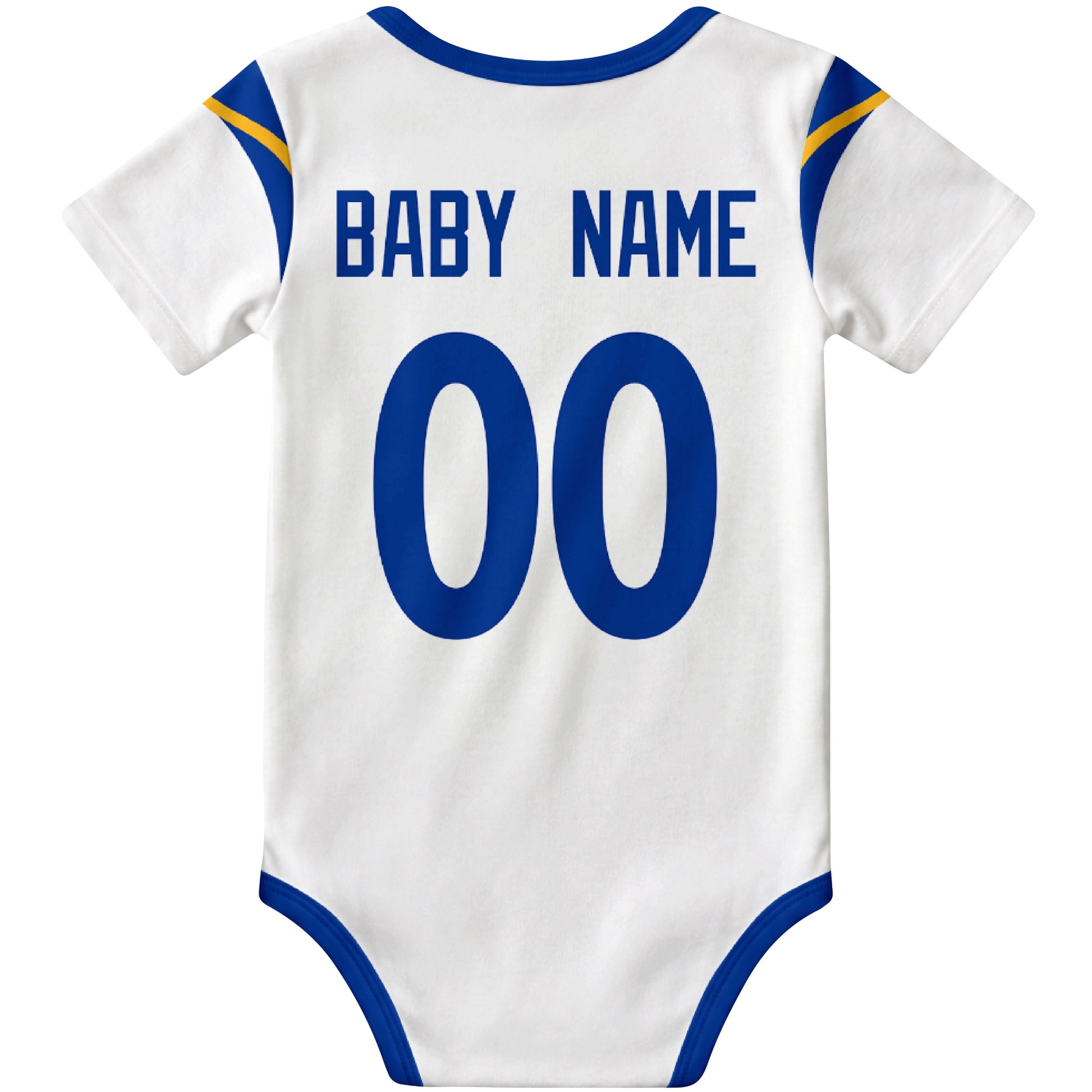 Los Angeles Royal White personalized football baby bodysuit back view with custom baby name and jersey number