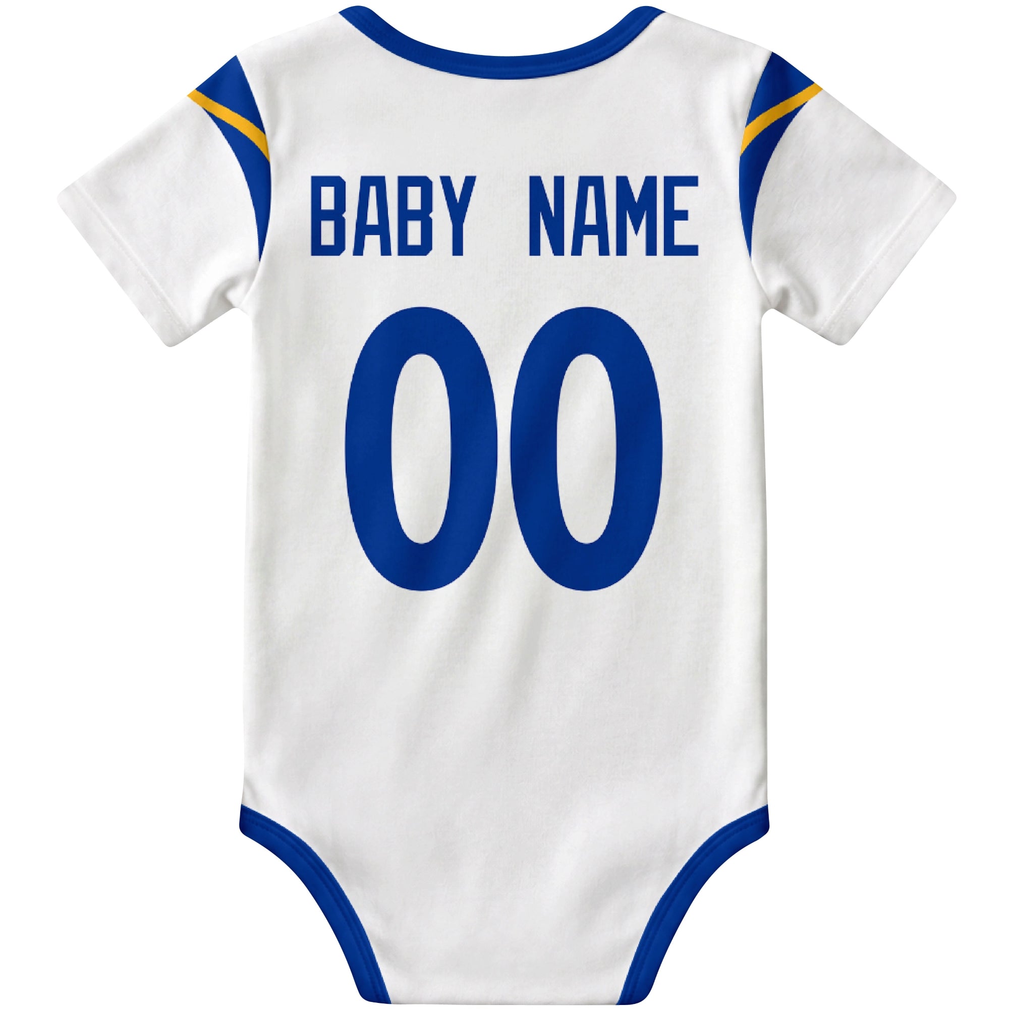 Los Angeles Royal White personalized football baby bodysuit back view with custom baby name and jersey number