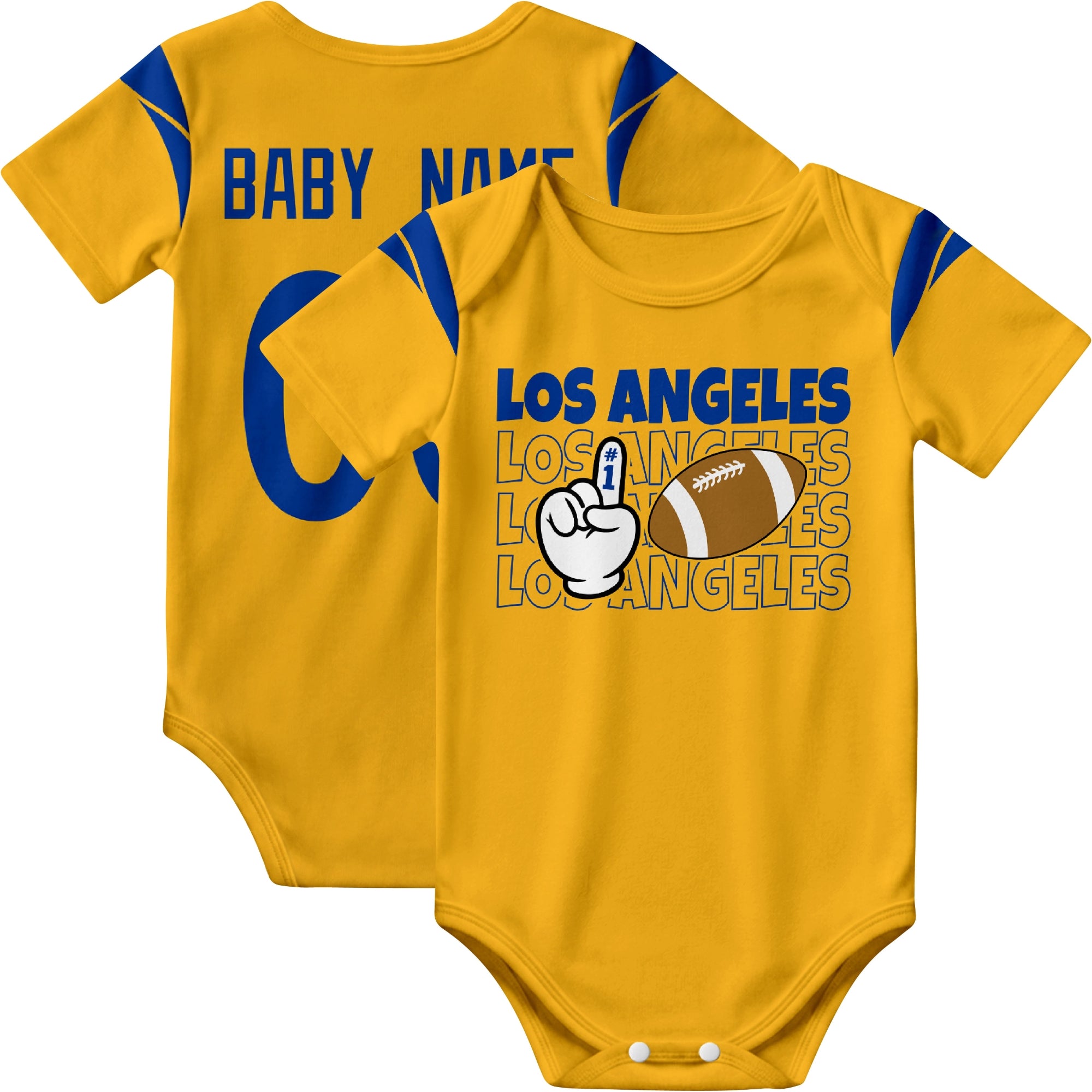 Los Angeles Royal personalized football baby bodysuit in Gold showing front number one fan design and back custom baby name and number