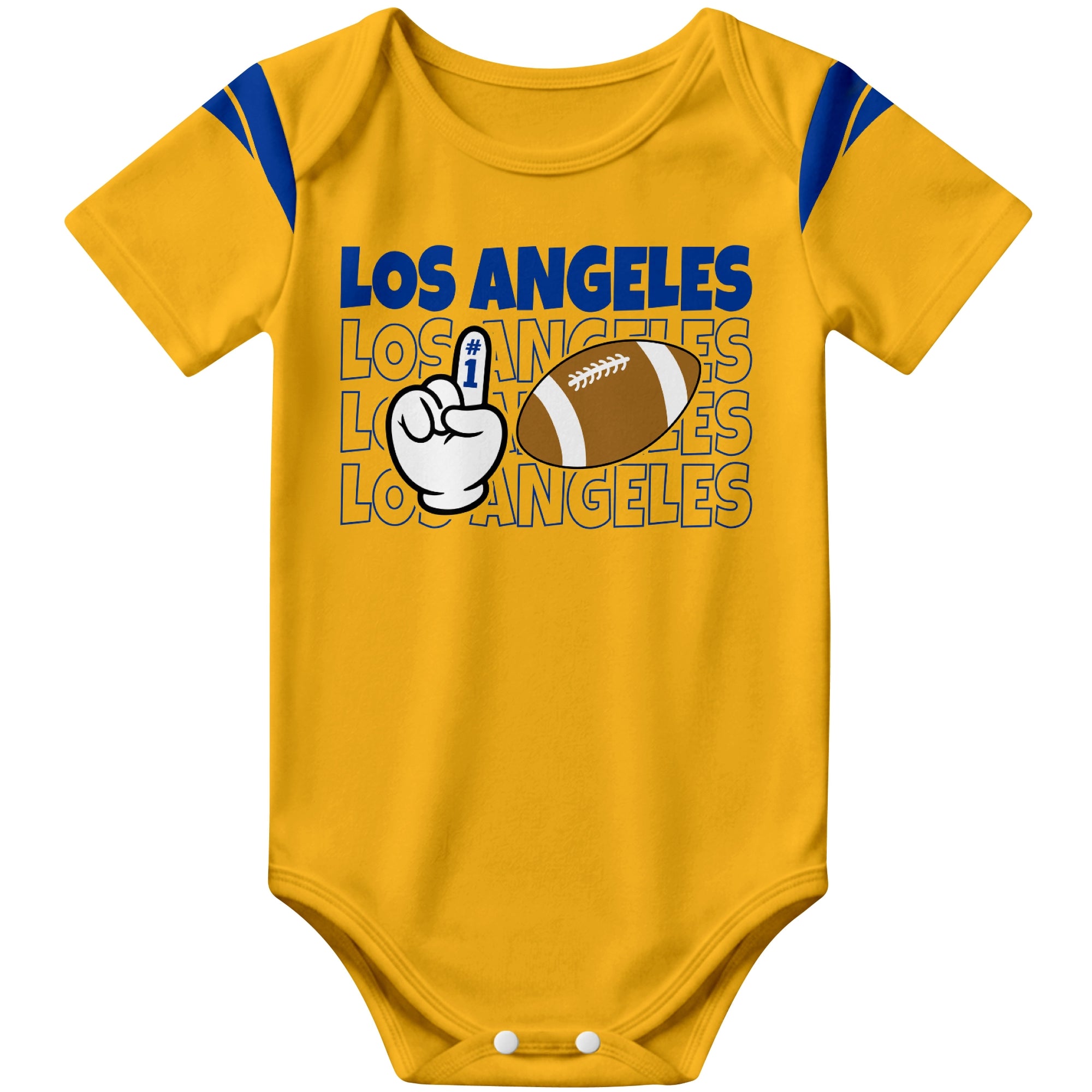 Los Angeles Royal Gold football baby bodysuit front view with city lettering football and number one fan hand graphic