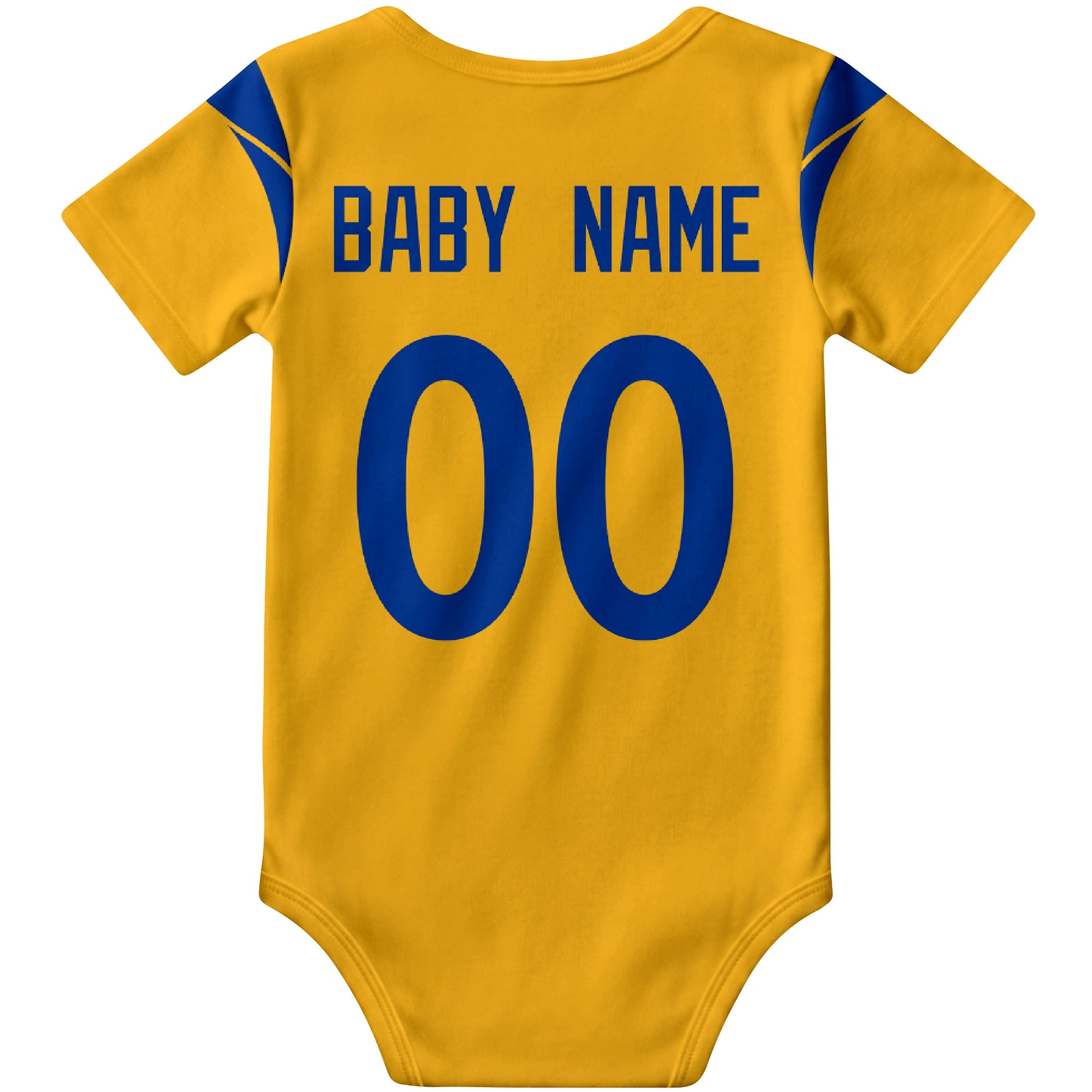 Los Angeles Royal Gold personalized football baby bodysuit back view with custom baby name and jersey number