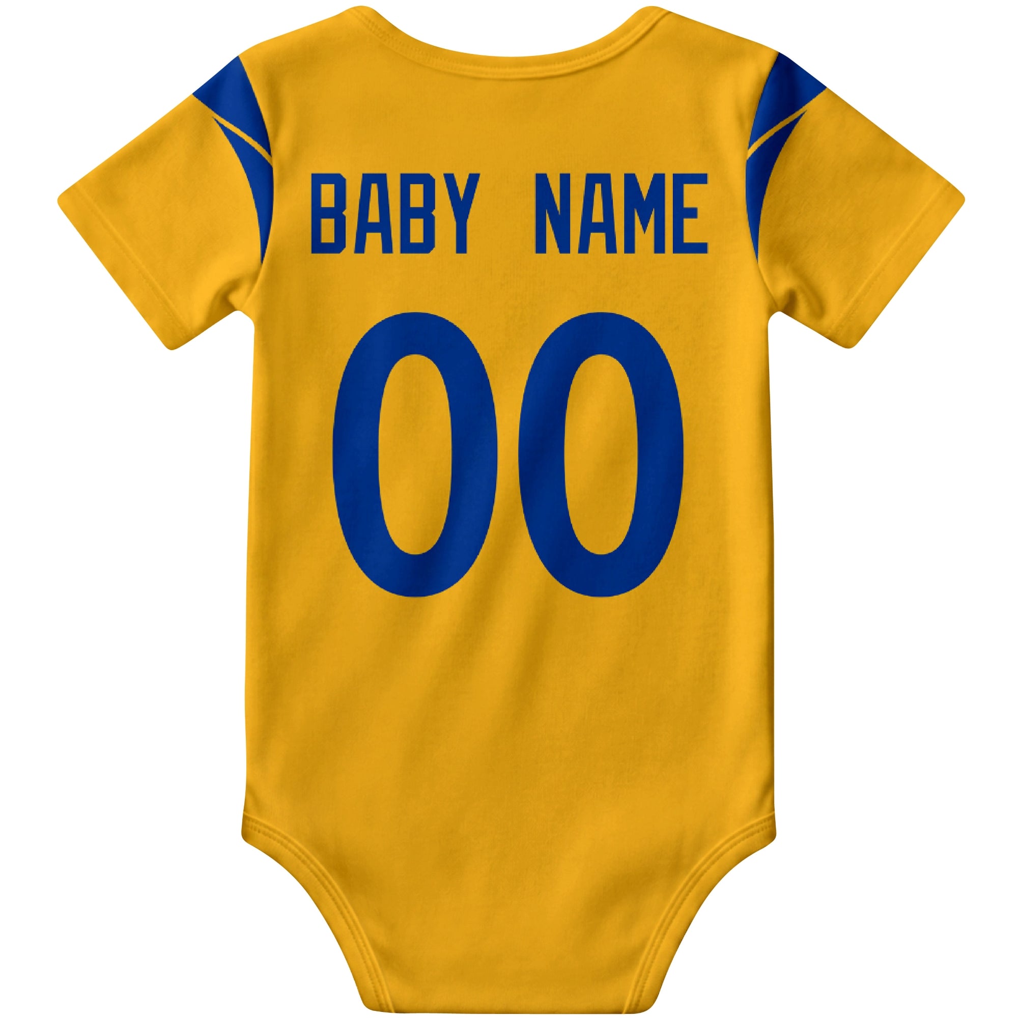 Los Angeles Royal Gold personalized football baby bodysuit back view with custom baby name and jersey number