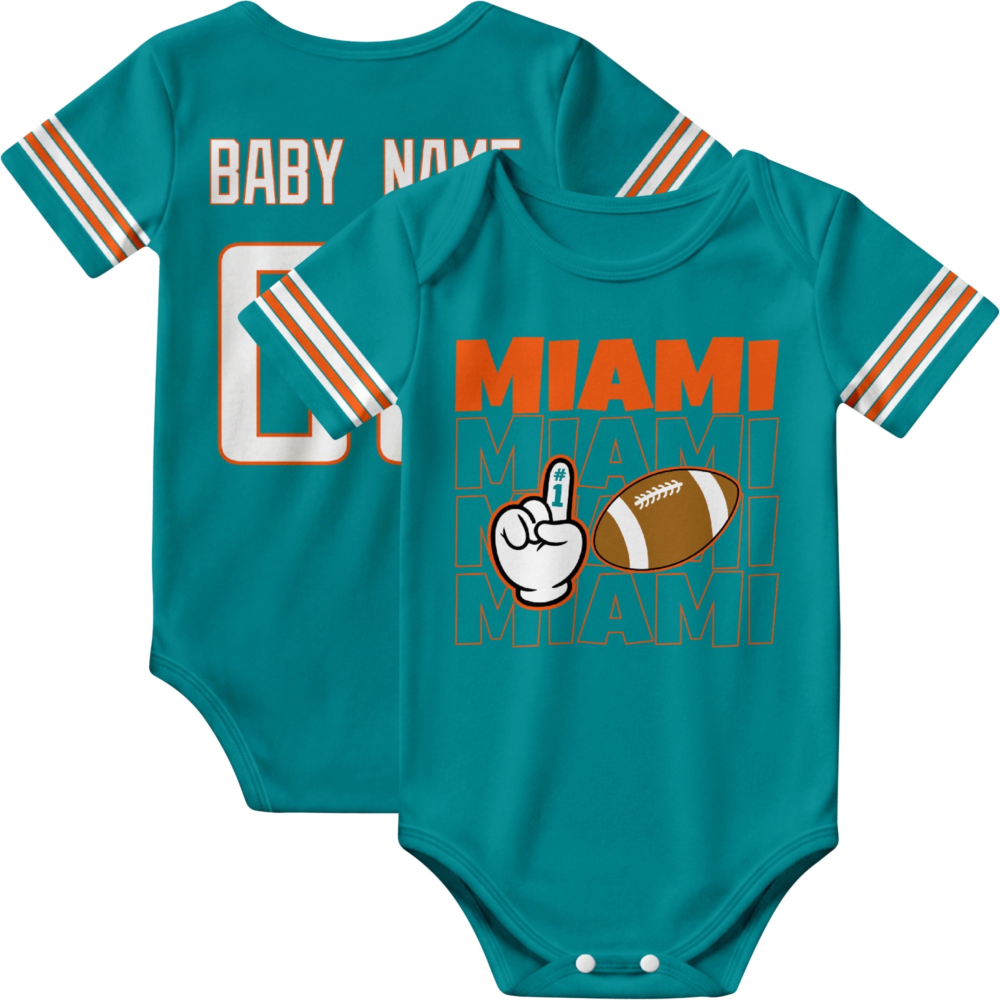 Miami personalized football baby bodysuit in Aqua showing front number one fan design and back custom baby name and number