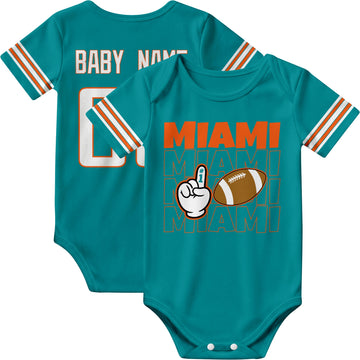 Miami personalized football baby bodysuit in Aqua showing front number one fan design and back custom baby name and number