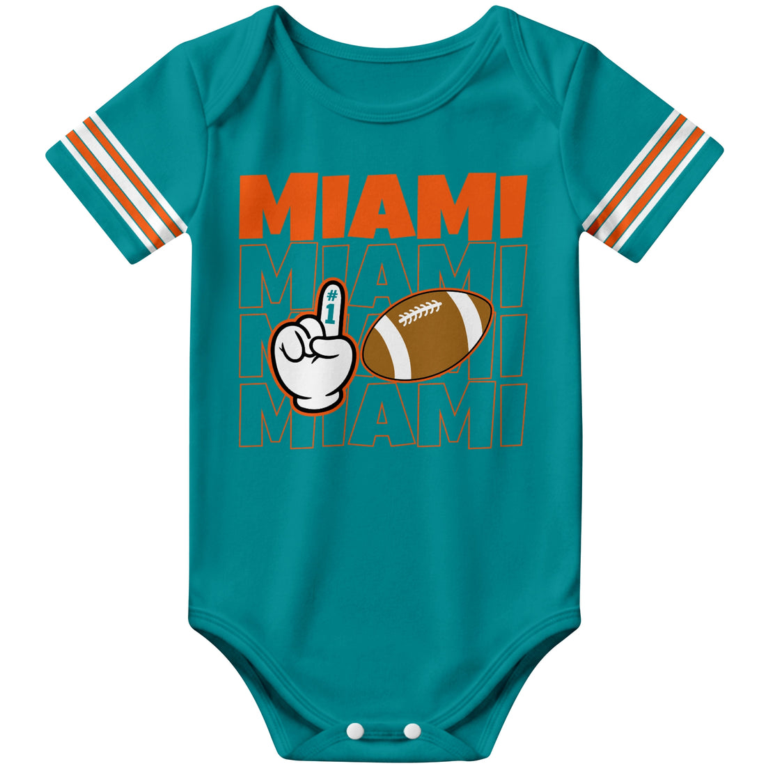 Miami personalized football baby bodysuit in Aqua showing front number one fan design and back custom baby name and number