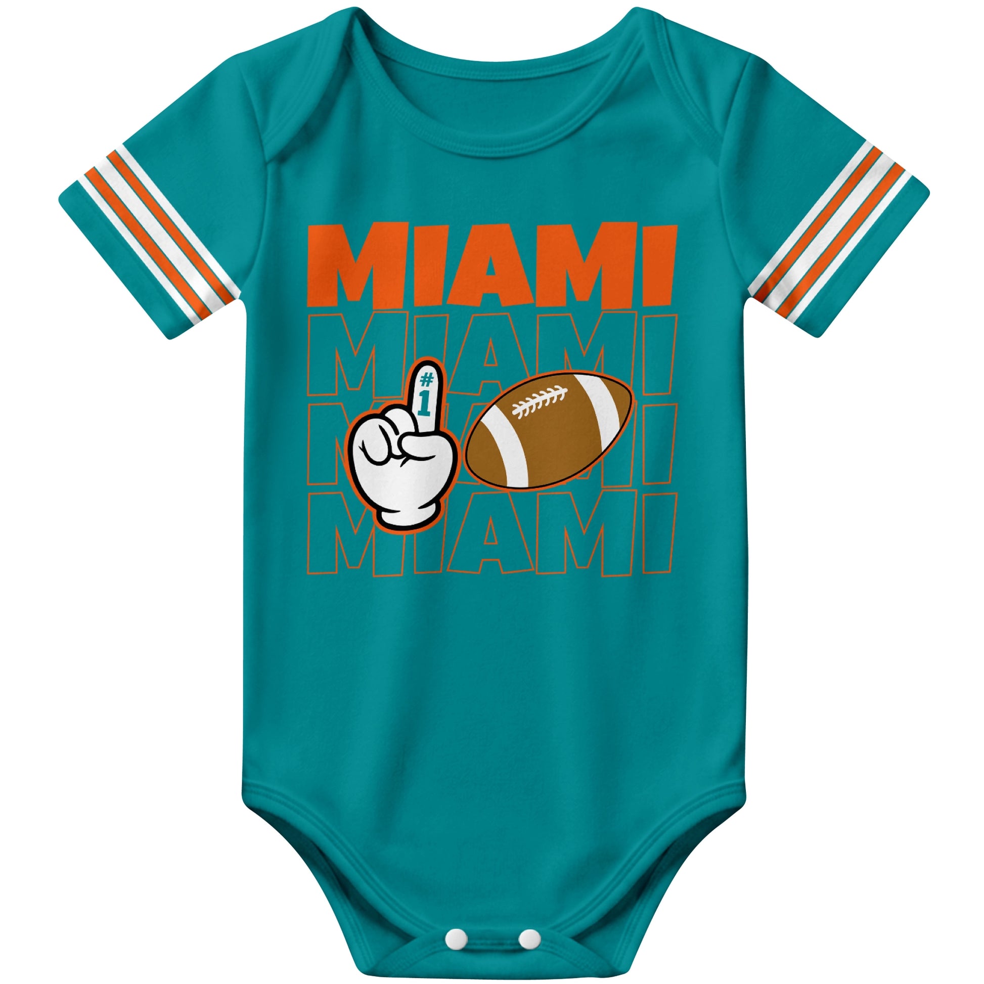 Miami Aqua football baby bodysuit front view with city lettering football and number one fan hand graphic